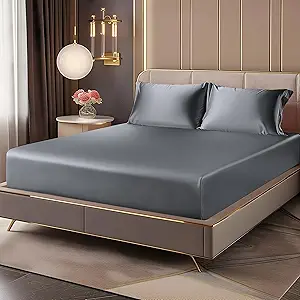 BEDELITE Satin Fitted Sheet and Pillowcases Set, Luxury Soft Similar to Silk Bottom Bed Sheet with Elastic Corner Straps, Deep Pocket up to 15 Inch, 1 Fitted Sheet and 2 Pillowcases(Full, Dark Grey)