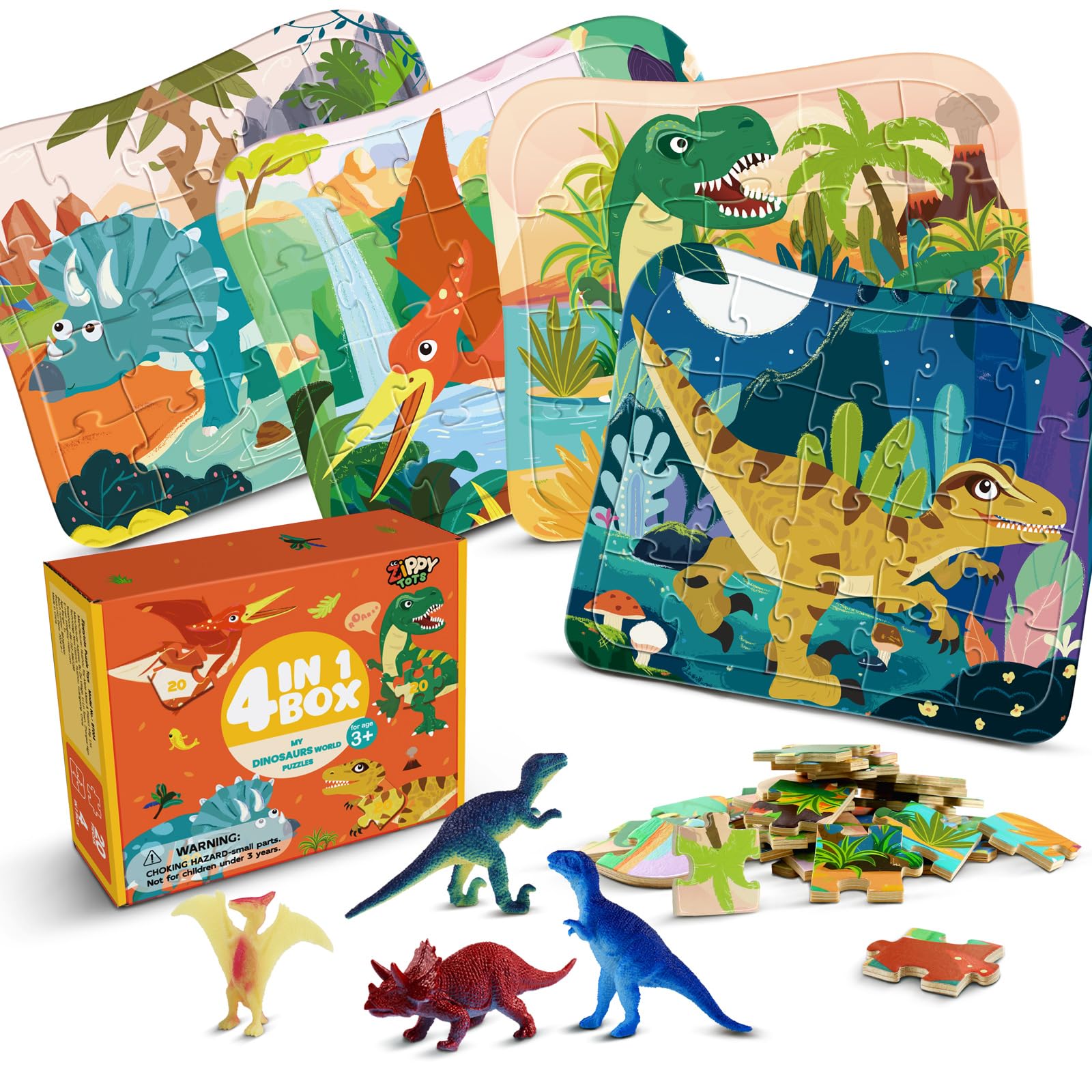 Wooden Dinosaur Puzzles for Kids Ages 4-6, 4 in 1 Gift Box 4-Pack 20-Piece Jigsaw Puzzles Come with 4 Small Dino Figures,Preschool Educational Toys