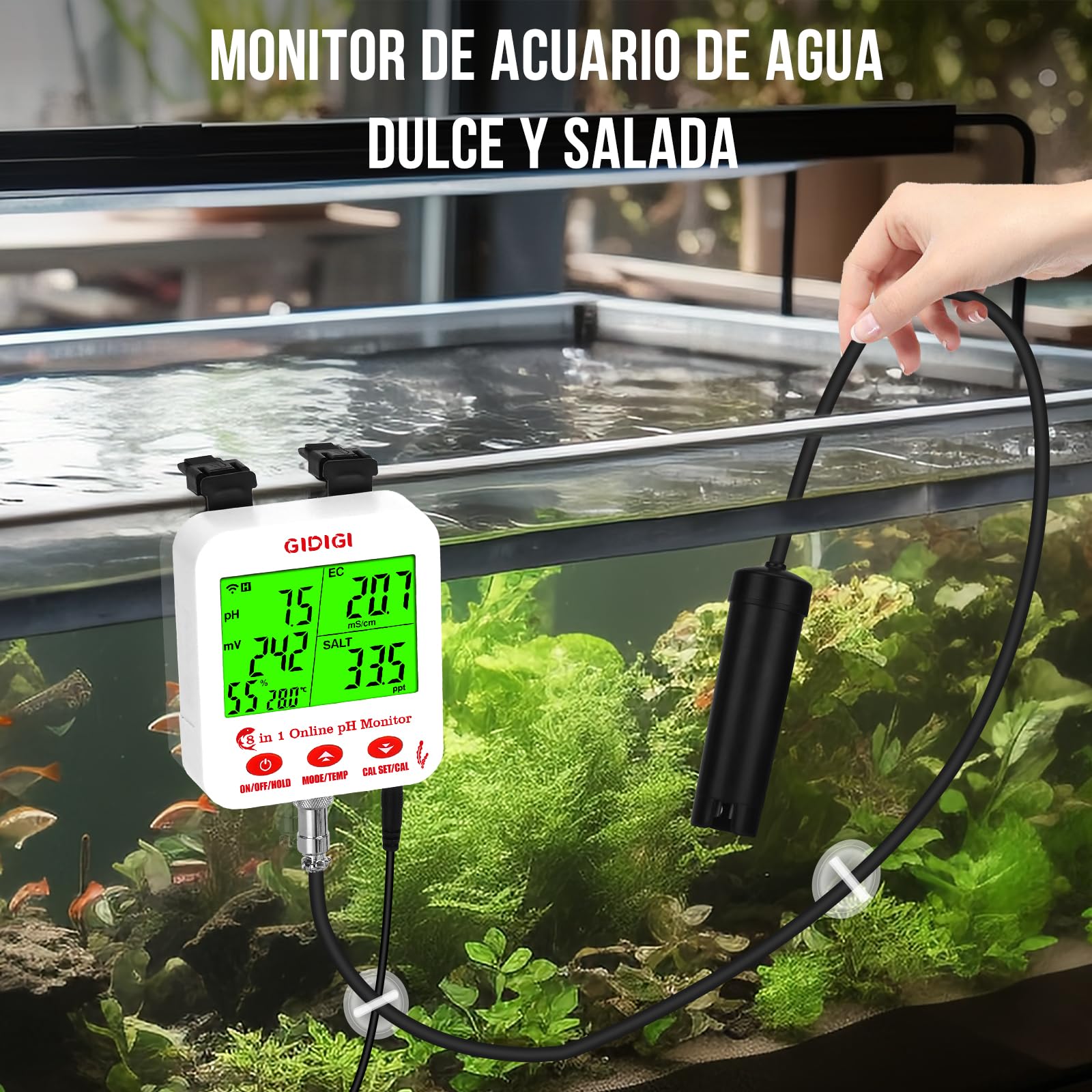 Monitor pH Acuario, Medidor pH y EC Continuo Hidroponia con Wifi, La Pantalla Grande Puede Mostrar Múltiples Parámetros Simultáneamente, 8 en 1 pH EC PPM ORP Sal y Humedad para Acuario, Hidroponia