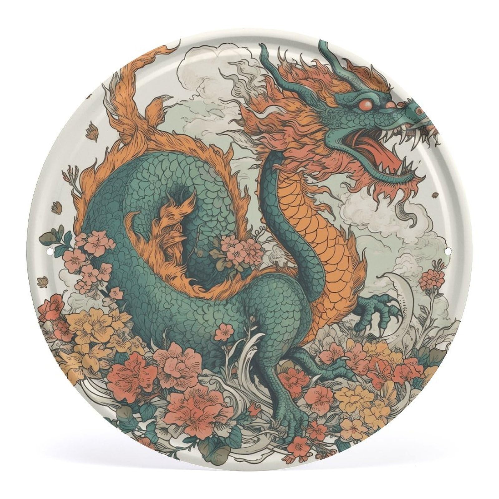 Fodpand Style Flowers And Dragons Round Wall Art Hanging Decorations, Wall Decor Modern Minimalist Artwork, Tin Sign Hanging Picture For Living Room, Bedroom, Office, Hallway, 11.8X11.8 Inch