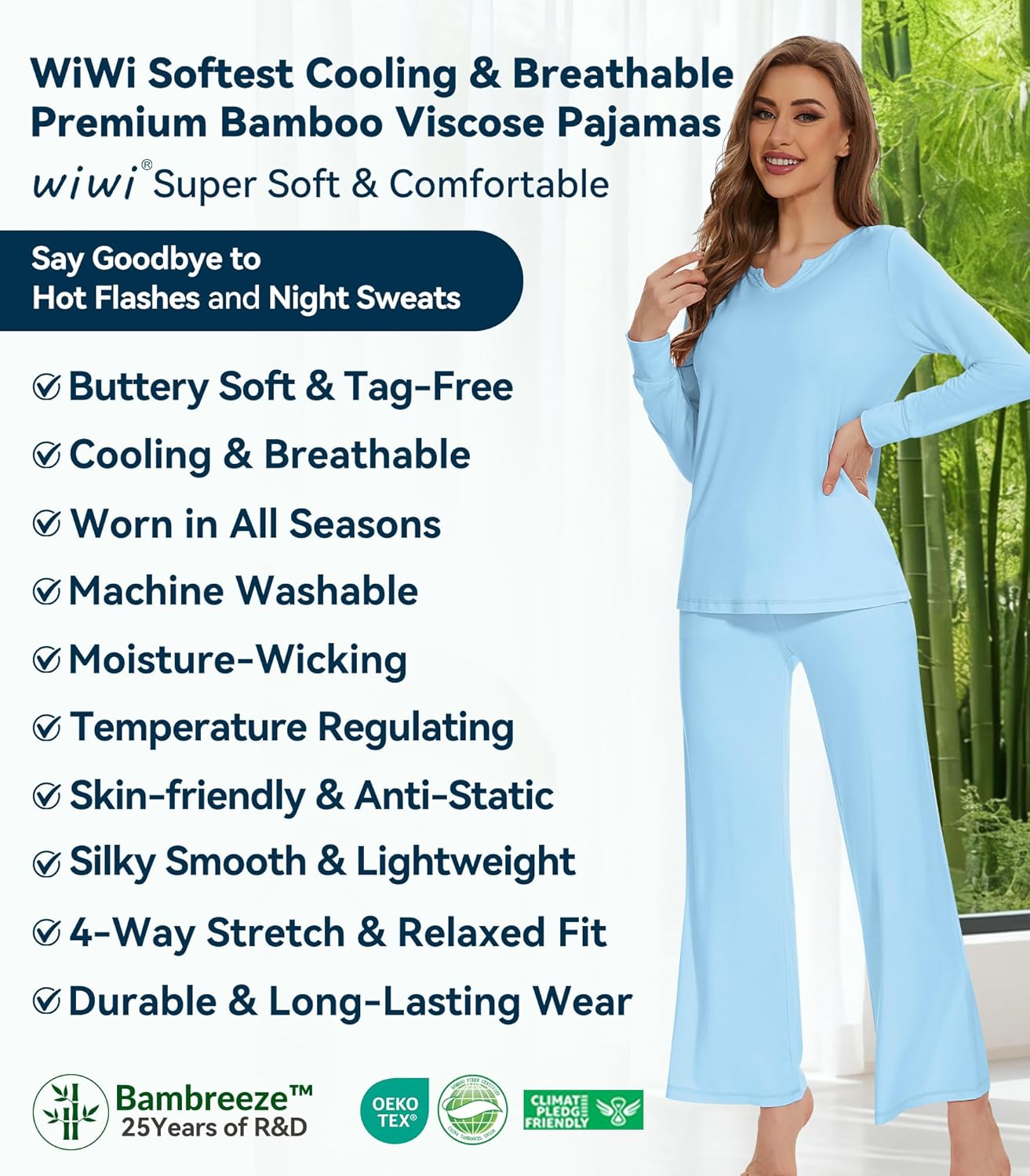 WiWi Pajamas for Women Long Sleeve Cooling Sleepwear Pants Set Super Soft Pj Viscose from Bamboo Loungewear Sets S-XXL - Image 8