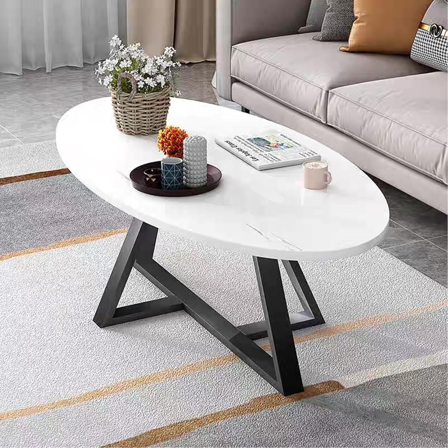 Huhote Couchtisch, Wohnzimmertisch mit Metallgestell, Satztisch, Oval Wohnzimmertisch, Sofatisch, Beistelltisch, Kaffetisch, Teetisch, Wohnzimmer möbel für Büro, 100 x 55 x 45 cm, Schwarz