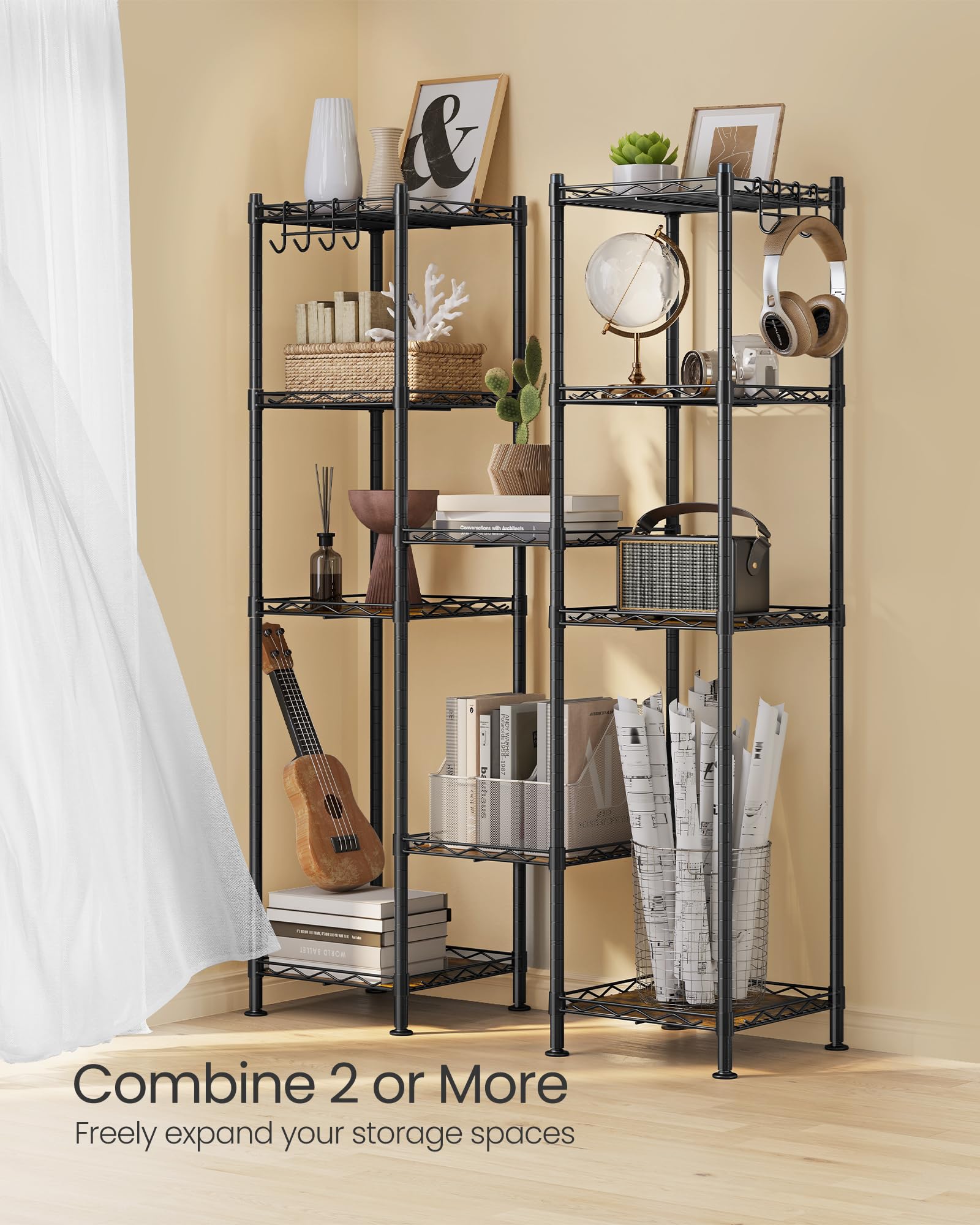 SONGMICS Badezimmerregal, Lagerregal für kleine Räume, Gesamttragfähigkeit 100 kg, 30 x 30 x 123 cm, mit 5 PP-Platten, abnehmbaren Haken, ausziehbarem Design, Schwarz und rustikales Braun ULGR023B02