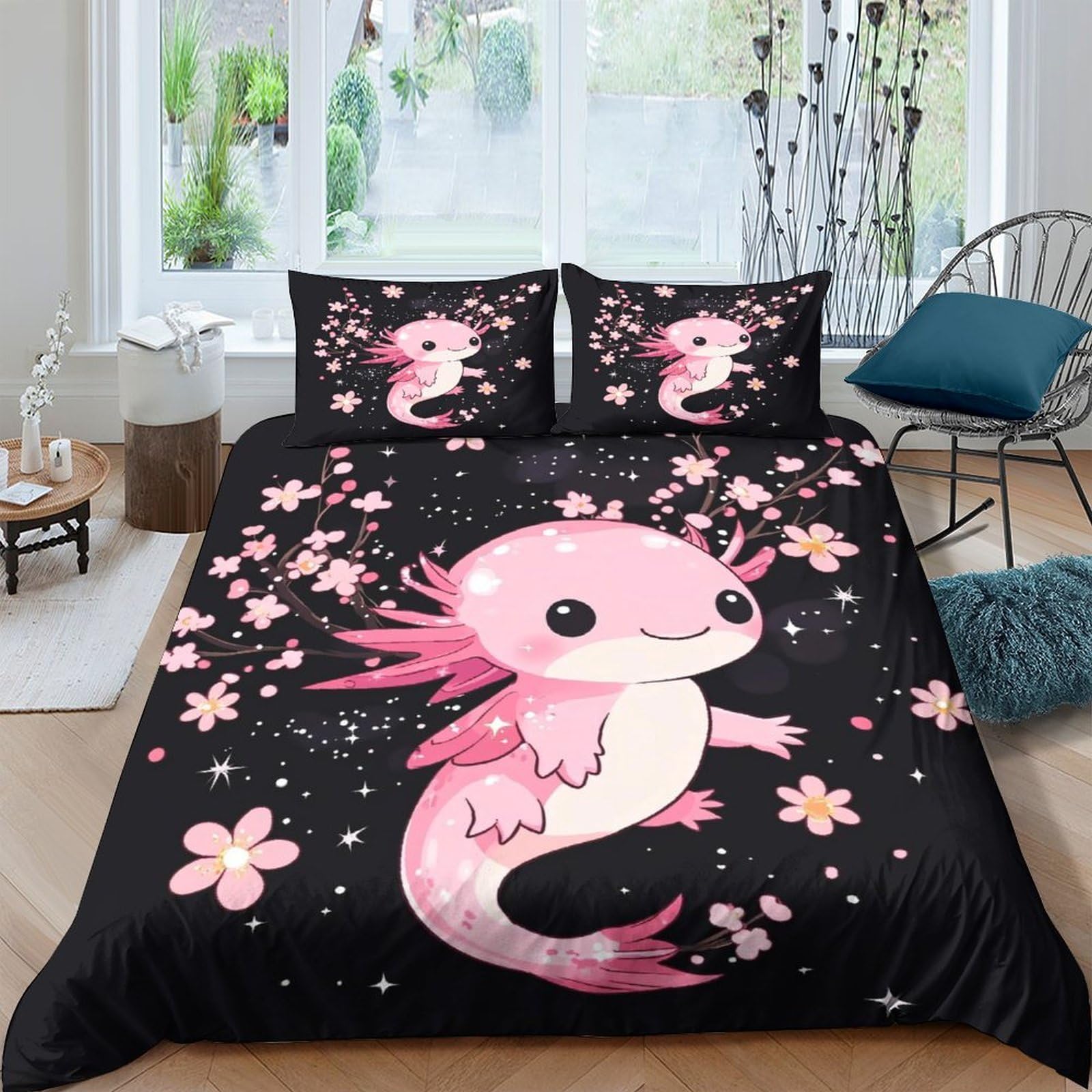 TUFRTGYHN 3D Printed Pink Axolotl Duvet Cover Microfiber Soft Breathable Flower Bedding Set with 2 Pillowcases for Bedroom Decor Single（135x200cm）