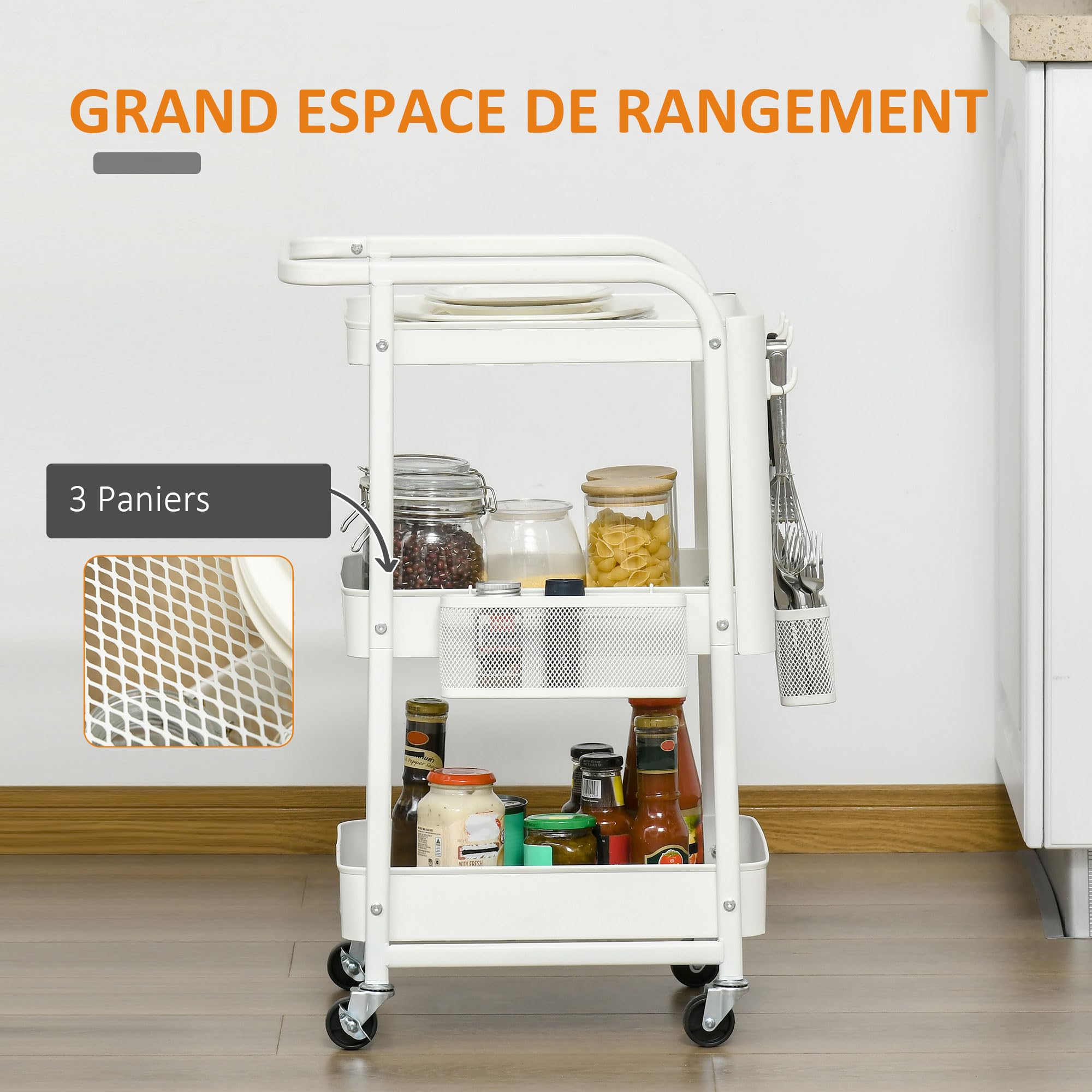 HOMCOM Desserte en Métal 3 Niveaux à roulettes 51,5L x 32l x 75,6H cm Blanc | Chariot de Rangement pour Bureau, Chariot de Service, 2 Range-Couverts, 4 Crochets