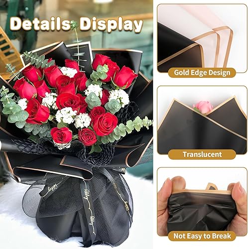 Miniatura 3 de 20 hojas de papel de regalo de flores, papel de regalo de ramo floral impermeable, borde dorado, suministros de ramo de floristería coreana para