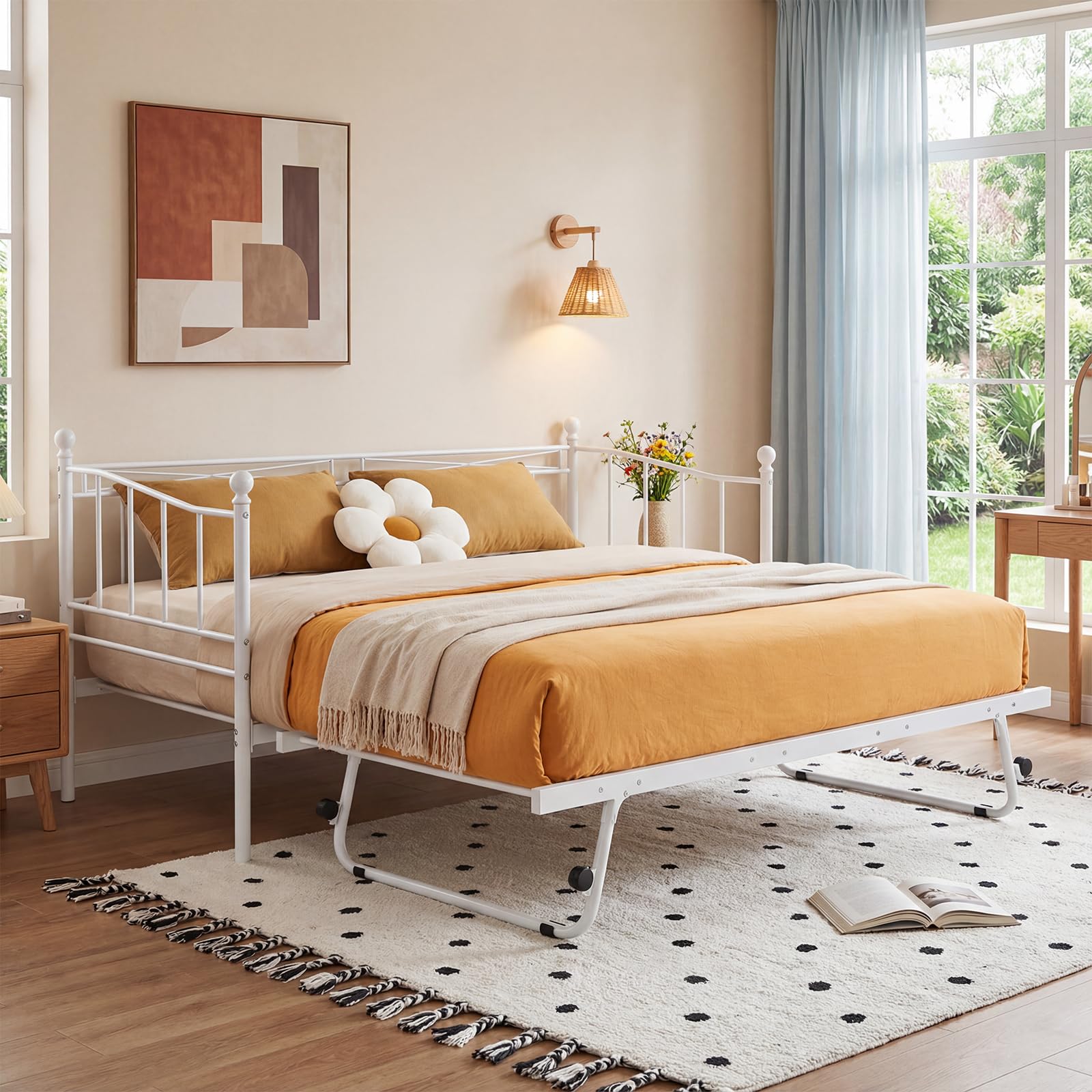Panana White 3FT Single Metal Frame with Under Bed Guest Trundle Bed For Adults & Kids (White, Daybed+Trundle)
