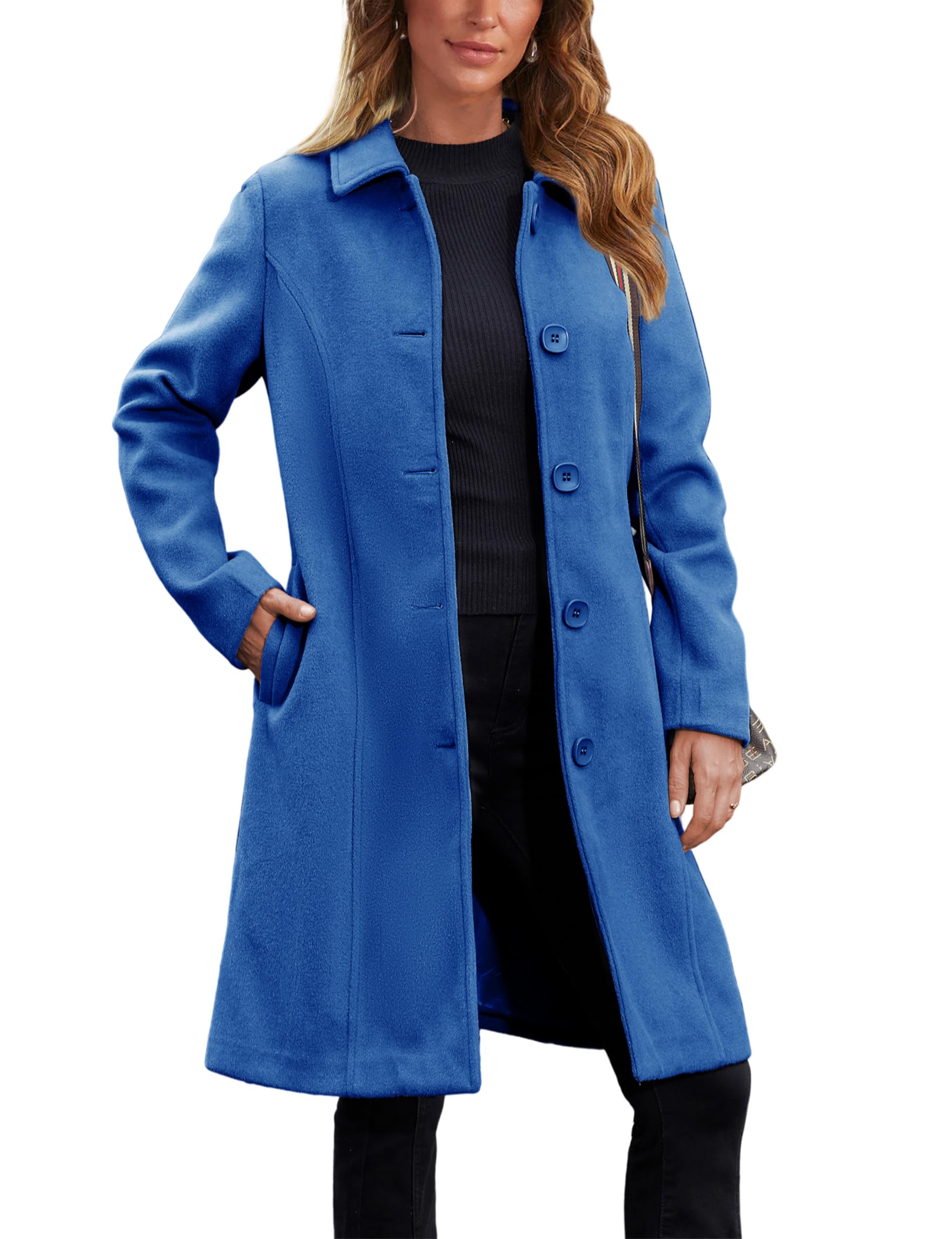 Womens Peacoat Faux Wool Blend Single Breasted Long Trench Coat Dress Overcoat Winter with Pockets