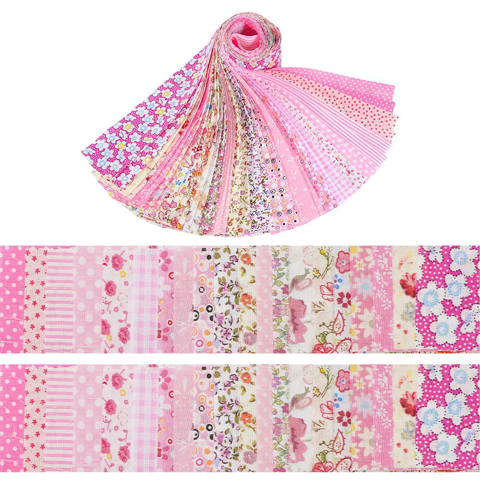 LetCart 40 Rolls Cotton Quilting Fabric Floral Patterns, 20 Styles Pre-Cut 2.5x19.69 Inch Fabric Strips for DIY Craft Sewing, Doll Clothes, Cushion Decor (6.2x50cm, 2 Rolls per Design) (Pink)