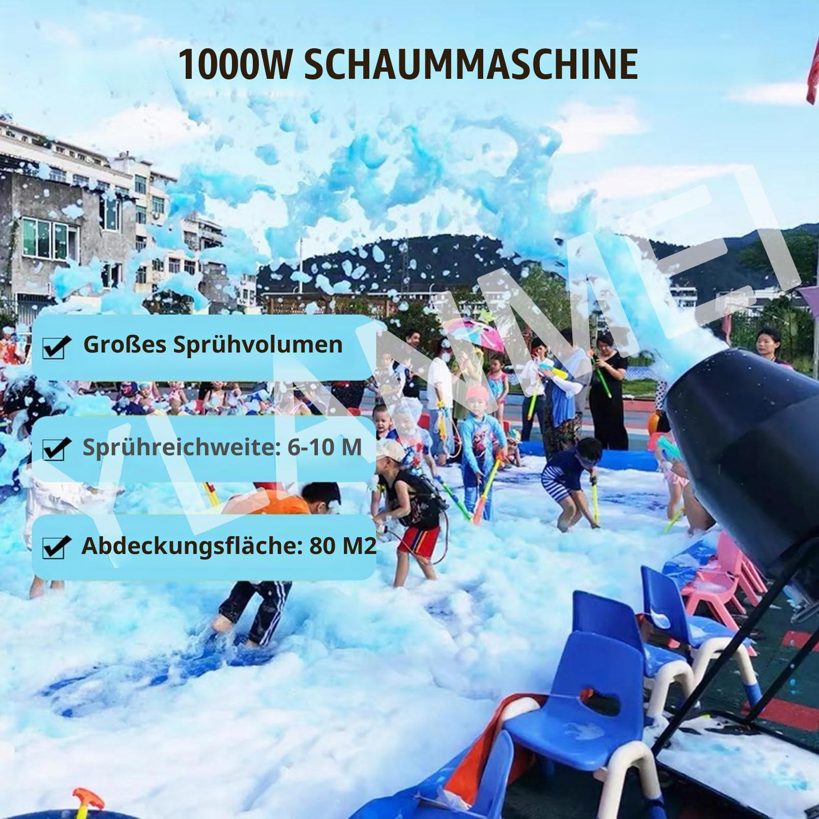 1000W Party-Schaummaschine für den Außenbereich, Schaumkanone, Entfernung 6-10M/Fläche 80M, Einstellbarer Winkel, Bühneneffekt, für Kinderfeste und Geburtstage