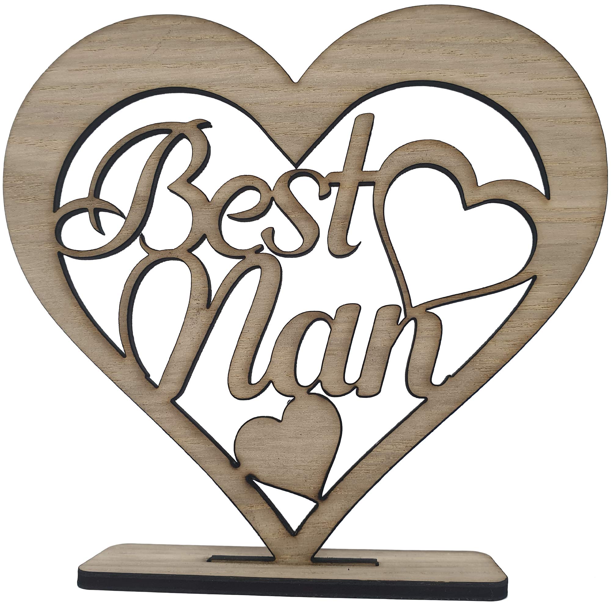 Media Replication Happy Mummy Wooden Heart Plaque Freestanding Love Sign Wood Mirror Home Deco Auntie Grandma Nanny Best Mum (Best Nan, Oak Veneer)