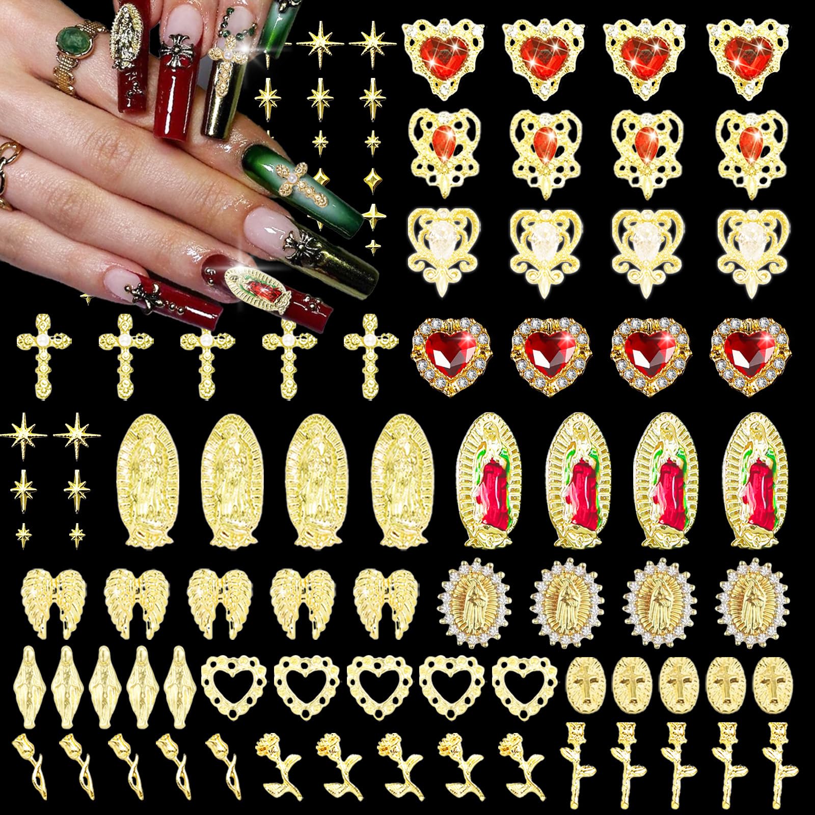 Pizadix 105 Pcs Virgin Mary Gold Nail Charms Bulk Gold Nail Charms Plus a Bag of 200 Pcs Stars