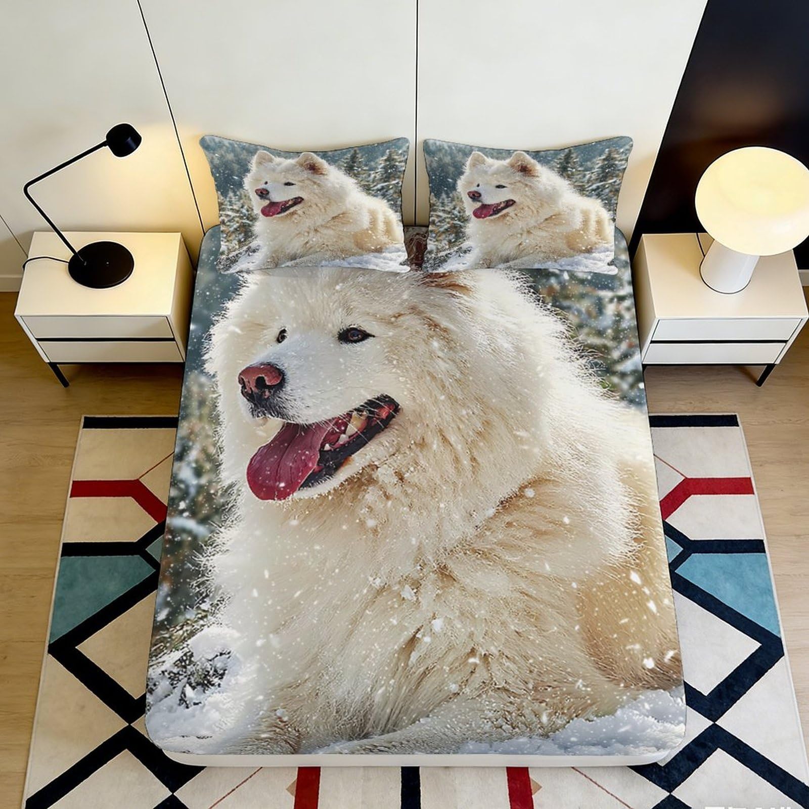 3D Printed Fluffy Samoyed Dog Fitted Sheet Microfiber Anti-Slip Snow Scene Bed Cover for Bedroom Guest Room Decor 140x200x25cm