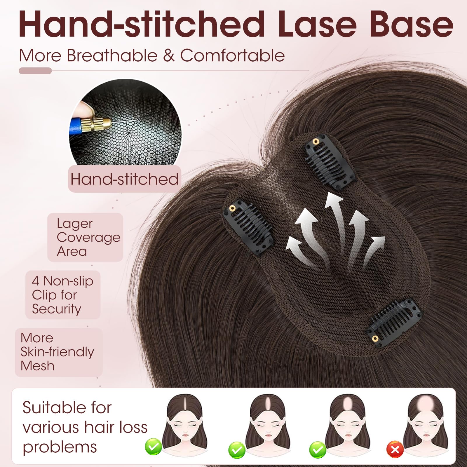 MY-LADY Topper Cheveux Humain Femme Sans Frange Volumateur Capillaire Naturel Léger Forme le Visage Pour Femme Fille(35g, #02 Marron Foncé)