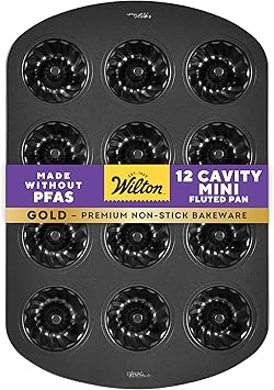 Wilton Gold Non-Stick Bakeware Mini Fluted Pan - Baking Pan for Mini Bundt Cakes, Donuts & More - Made Without PFAS & Scratch Resistant - Offers Even Heat Distribution - 16.5 x 11 Inch, 12 Cavity