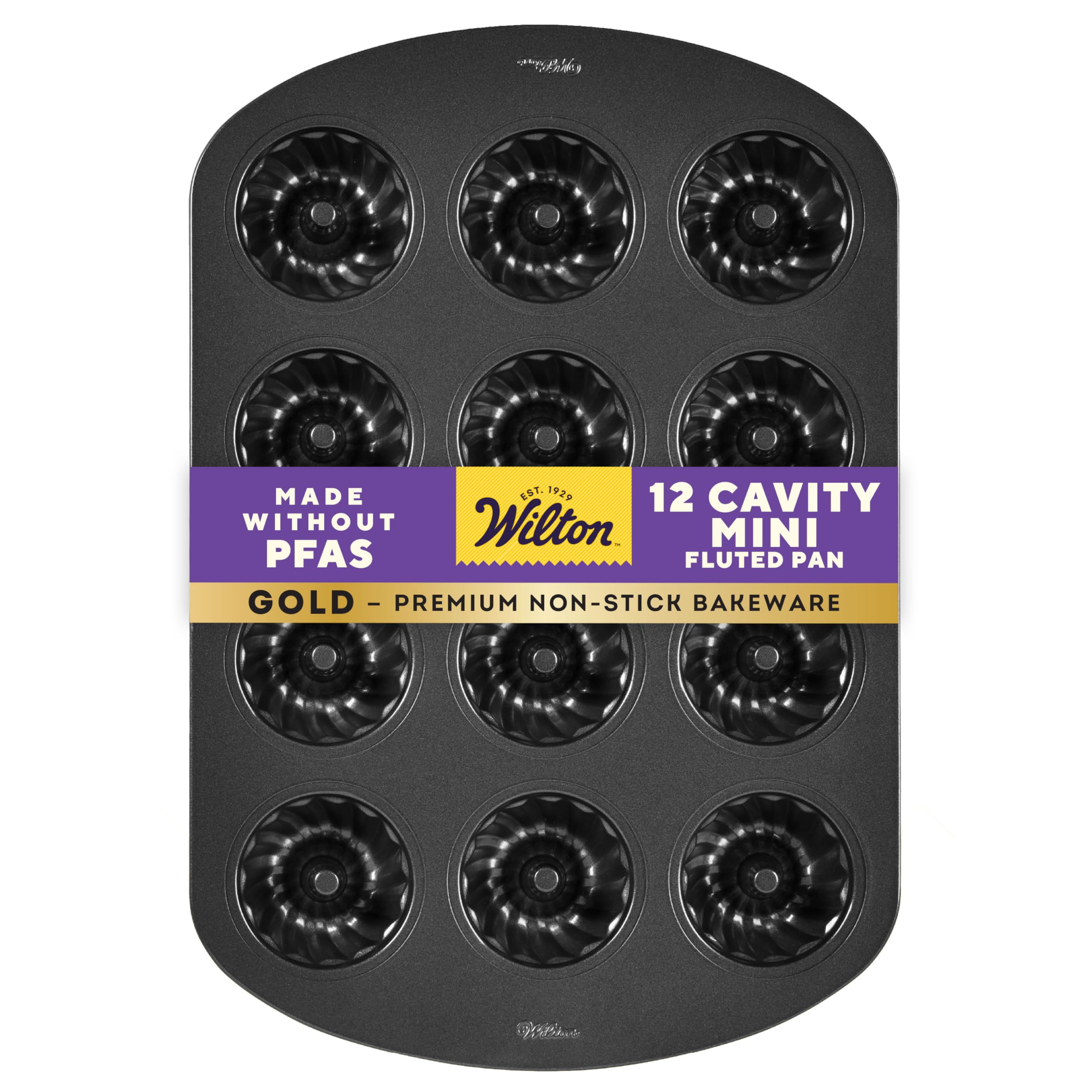Wilton Gold Non-Stick 12-Cavity Mini Fluted Cake Pan, Stainless Steel Bakeware, Made Without PFAS, Packaging May Vary