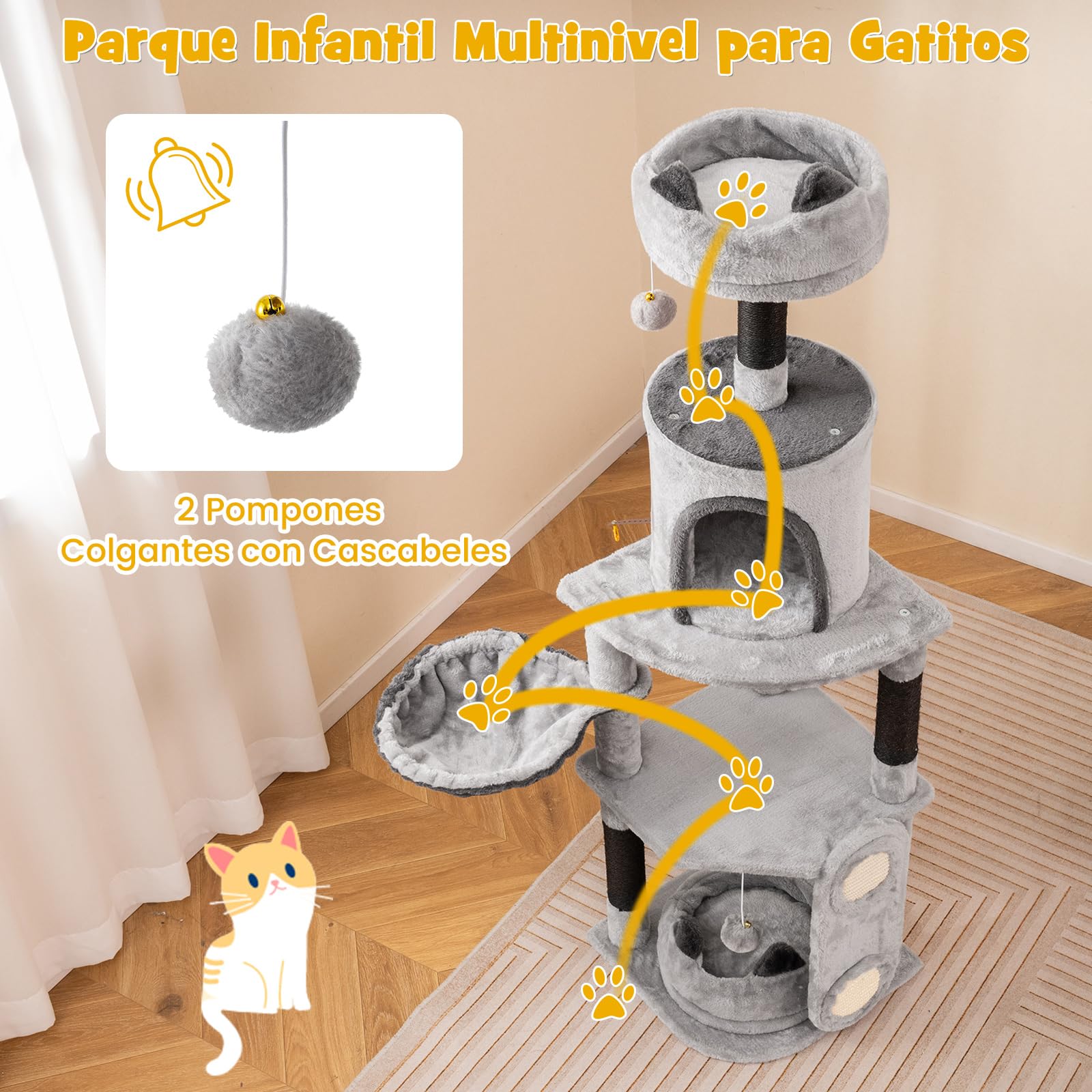 COSTWAY Rascador para Gatos de 144 cm, Árbol Rascador para Gatos de 5 Niveles con 3 Postes de Sisal para Rascar y Tablero, Condominio, Plataformas, Hamaca, Cama, Árbol de Actividades para Gatitos