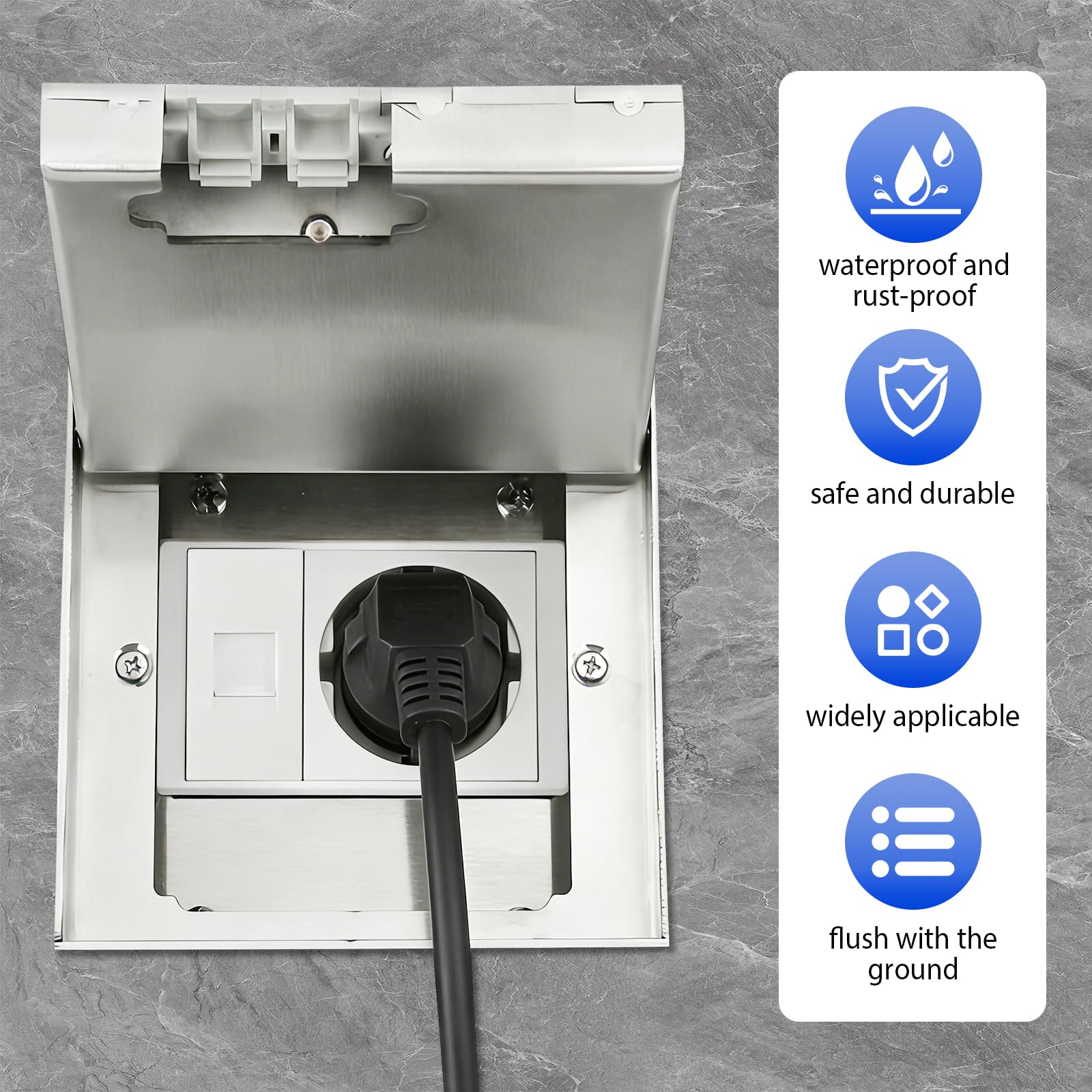 Scatola da Pavimento per Presa a Scomparsa | Set Presa 16A 4000W Acciaio Inox con Porta Rete, Esterna Impermeabile Incassabile per Uffici, Hotel, Scuole (1 Prese)