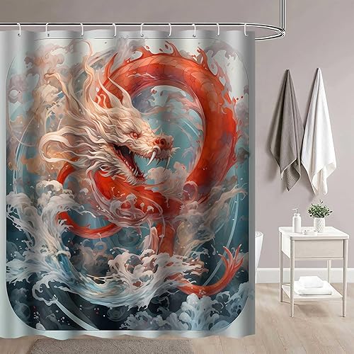 Miniatura 2 de YLOKPA0461 - Cortina de ducha de dragón japonés con ganchos, enorme ola de mar, cortina de baño de dragón rojo, 72 x 72 pulgadas, tela para