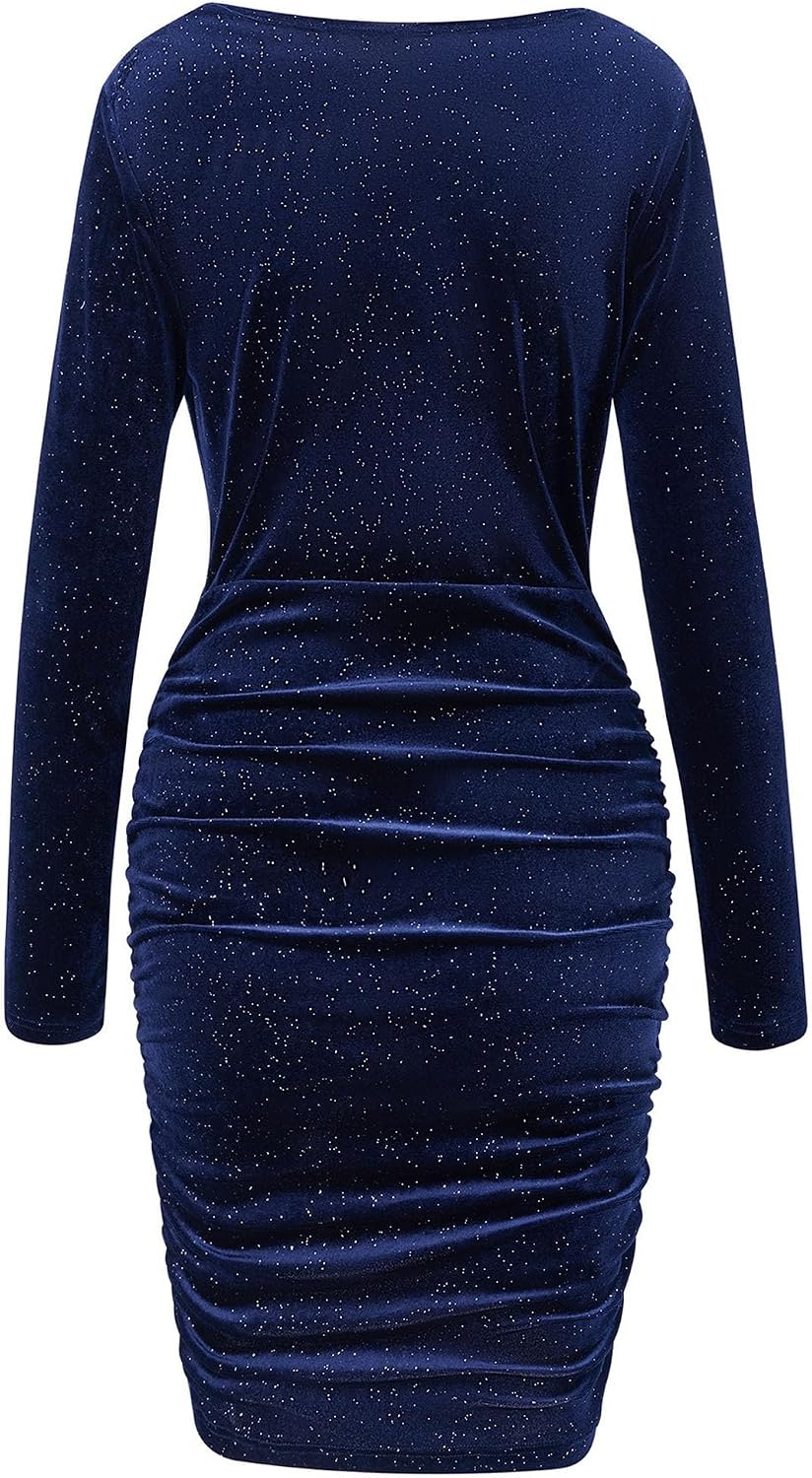 Women's Velvet Long Sleeve Ruched Dress V Neck Cocktail Party Evening Club Bodycon Solid Color Flowy Party Dresses