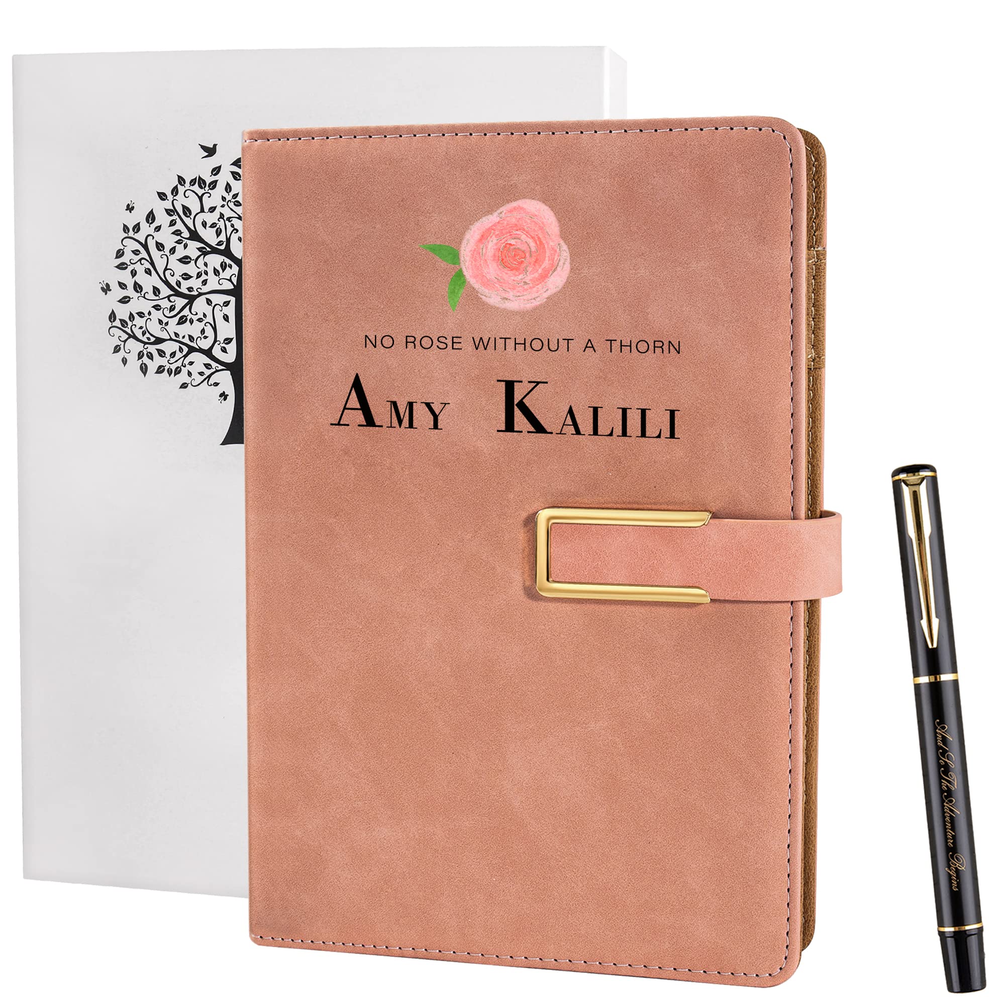 Fanery Sue Refillable Writing Personalized Journal Cover for Men & Women Faux Leather Hardcover A5 with Magnetic Buckle - No Refill Page Included (Pink-Rose)