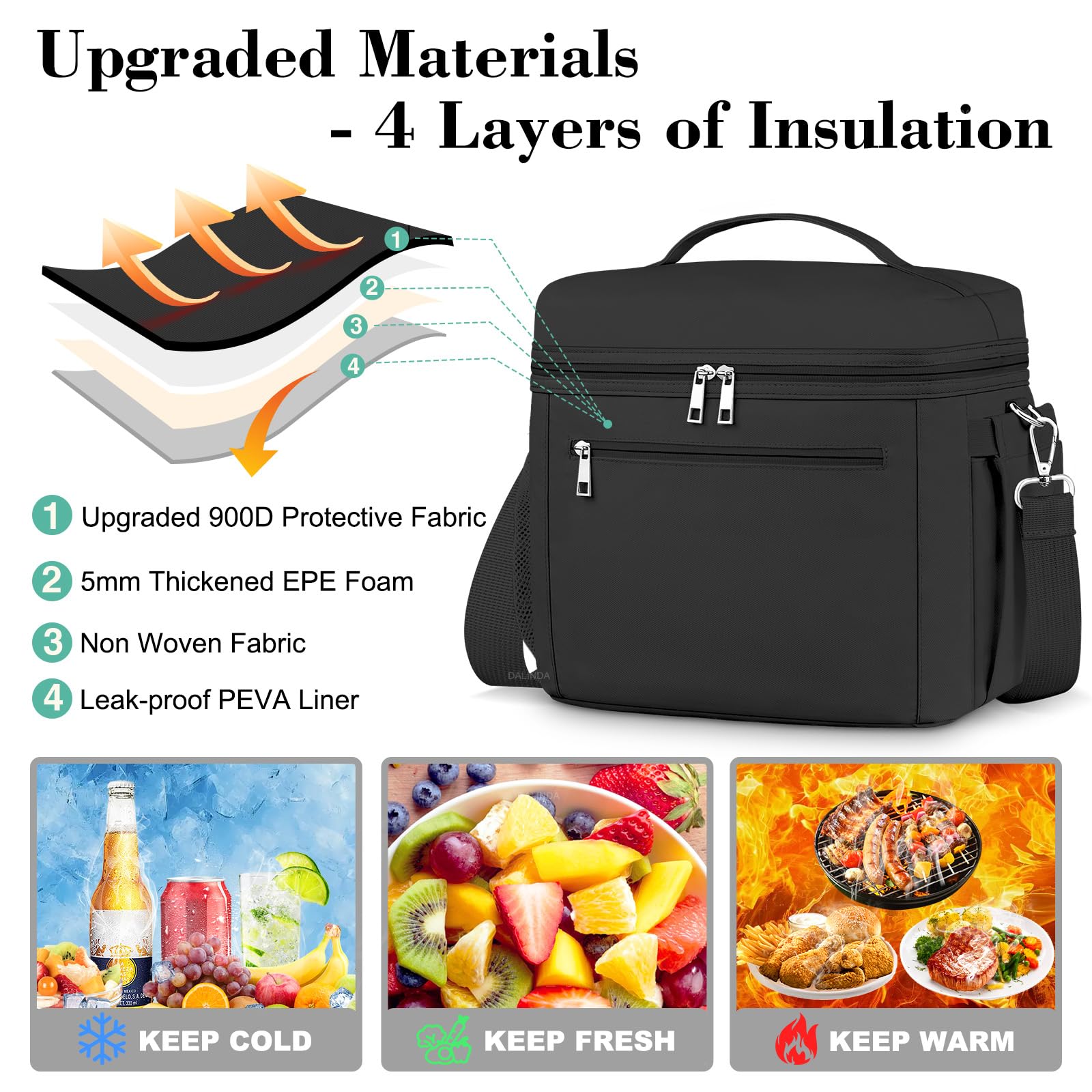 Lonchera térmica para mujeres y hombres, pequeña lonchera reutilizable a prueba de fugas, bolsa de almuerzo portátil para el trabajo, picnic (negro) 2