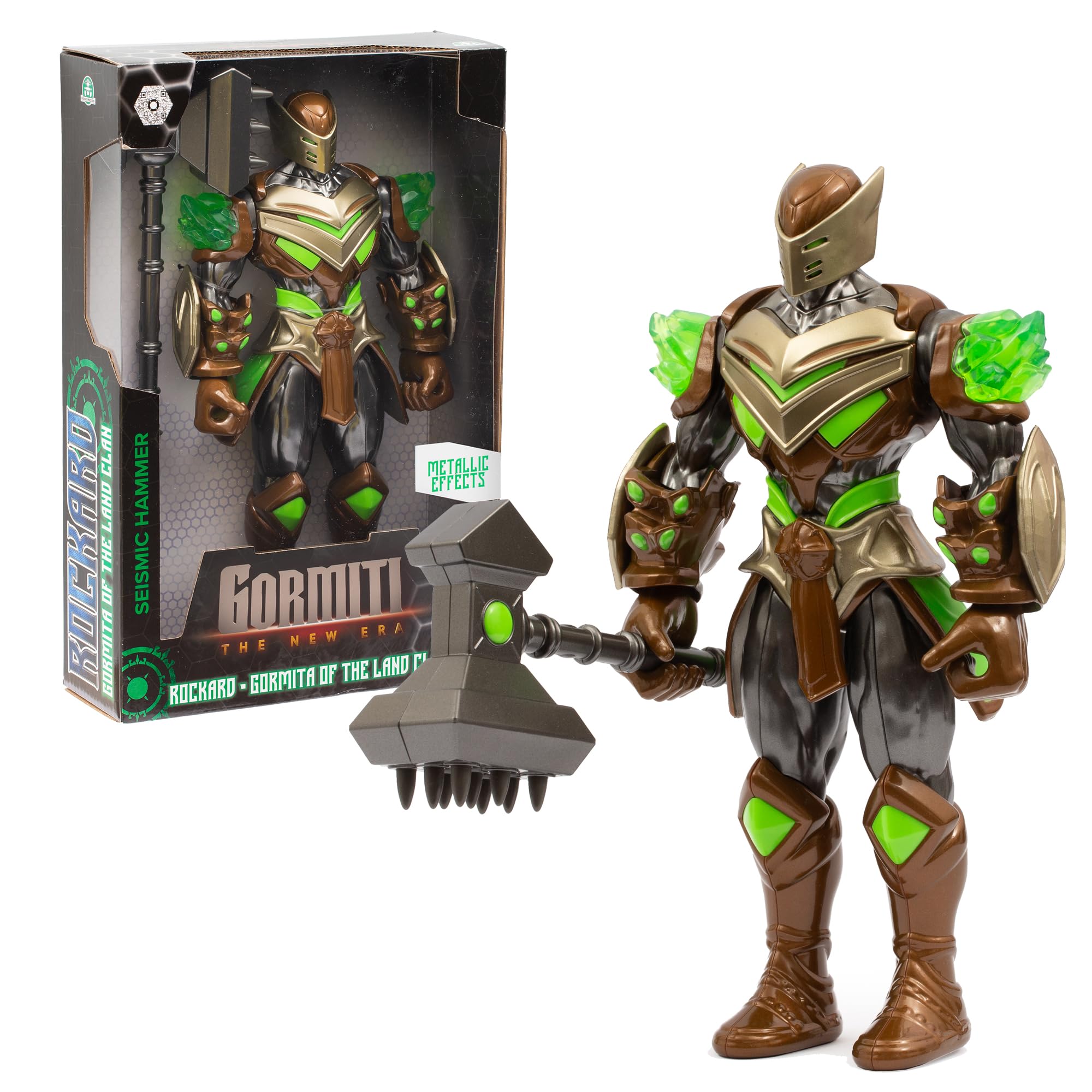 GORMITI THE NEW ERA, Rockard Glen Earth Clan Action Figure, 27cm Articulated Hero with Bronze Green Armour and Seismic Hammer Accessory, Collectible Toy for Kids Aged 4+