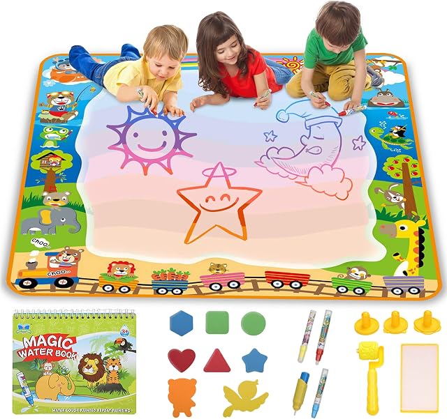 lenbest Water Drawing Mat - 39.4×39.4 inch Aqua Magic Water Doodle Mat with Drawing Booklet | Magic Pens | Magic Roller | Stamps, Educational Toys Gift for Kids Toddlers Age 3+