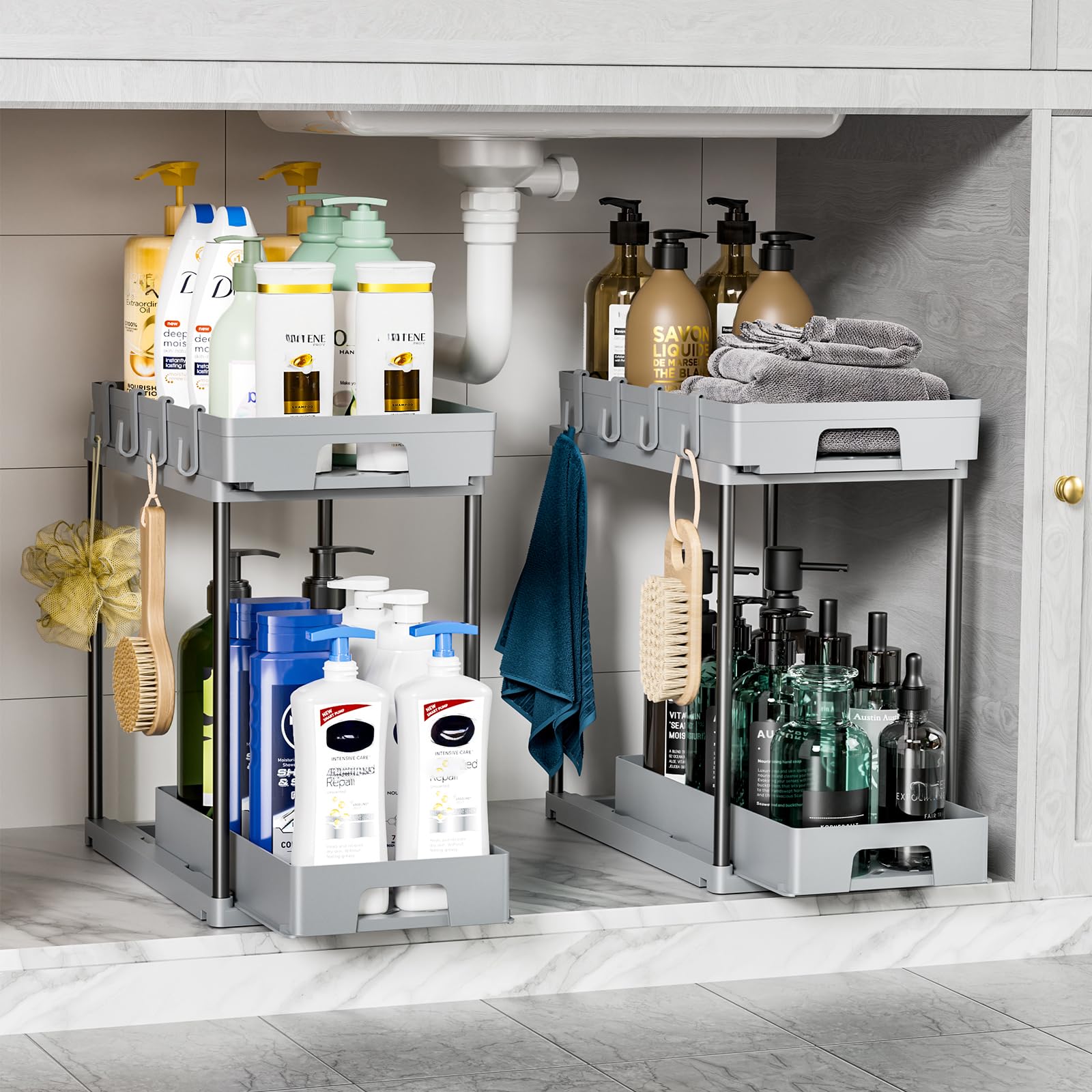 Delamu Under Sink Organizers and Storage, 2 Pack Pull Out Kitchen Bathroom Cabinet Organizer, 2 Tier Grey Under Sink Storage for Bathroom Kitchen