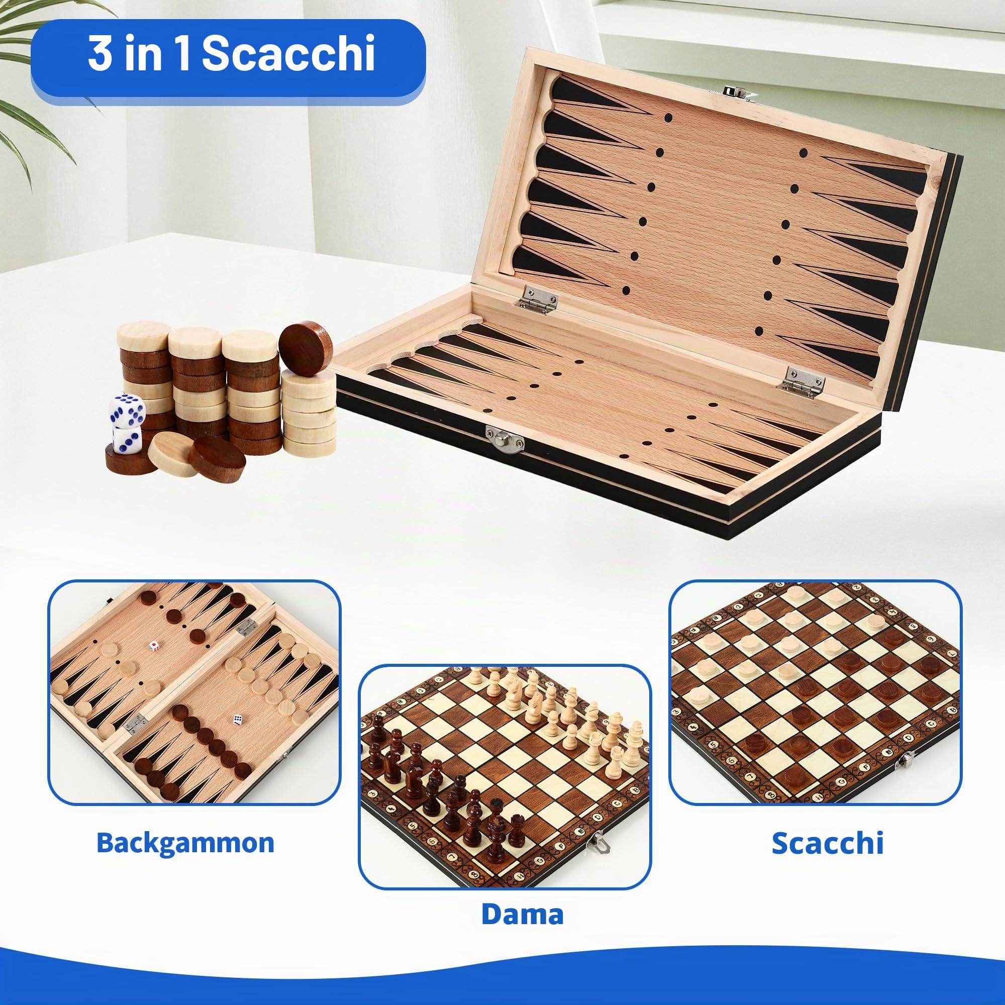 Scacchiera in legno, 3 in 1 Scacchiera Professionale, Scacchiera Portatile e Pieghevoli, Gioco da Tavola di Qualità Adatto a Raduni di Bambini Adulti, Attività Familiari (29 cm x 29 cm)