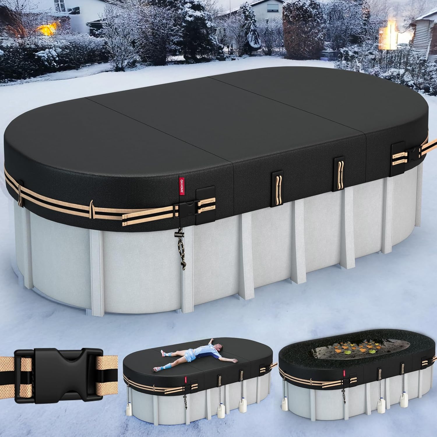 QH.HOME Winter Oval Pool Cover for 15x30 Ft Steel Wall Oval Pool, [Excellent Windproof ] with Adjustable Buckle Straps & Weight-Bearing Rings,Cold and UV Resistant 15x30Ft(Steel Wall Oval Pool) Oval Pool Cover