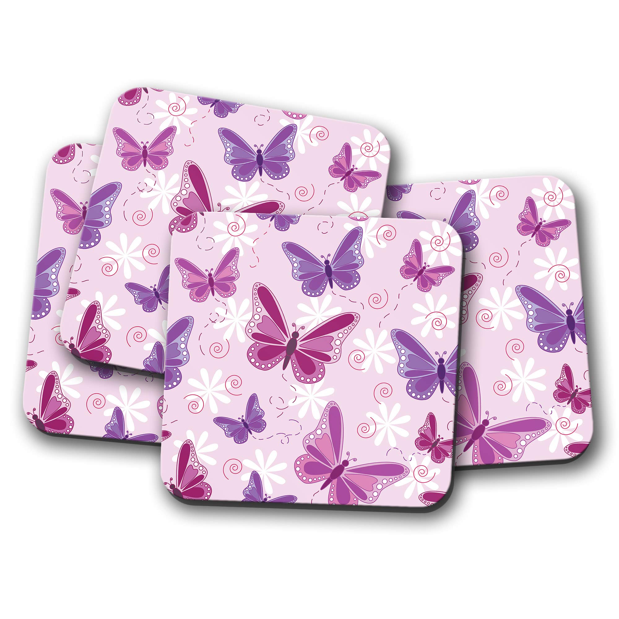 4 Set - Purple Pink Butterflies Coaster - Flowers Pretty Girls Mum #13090