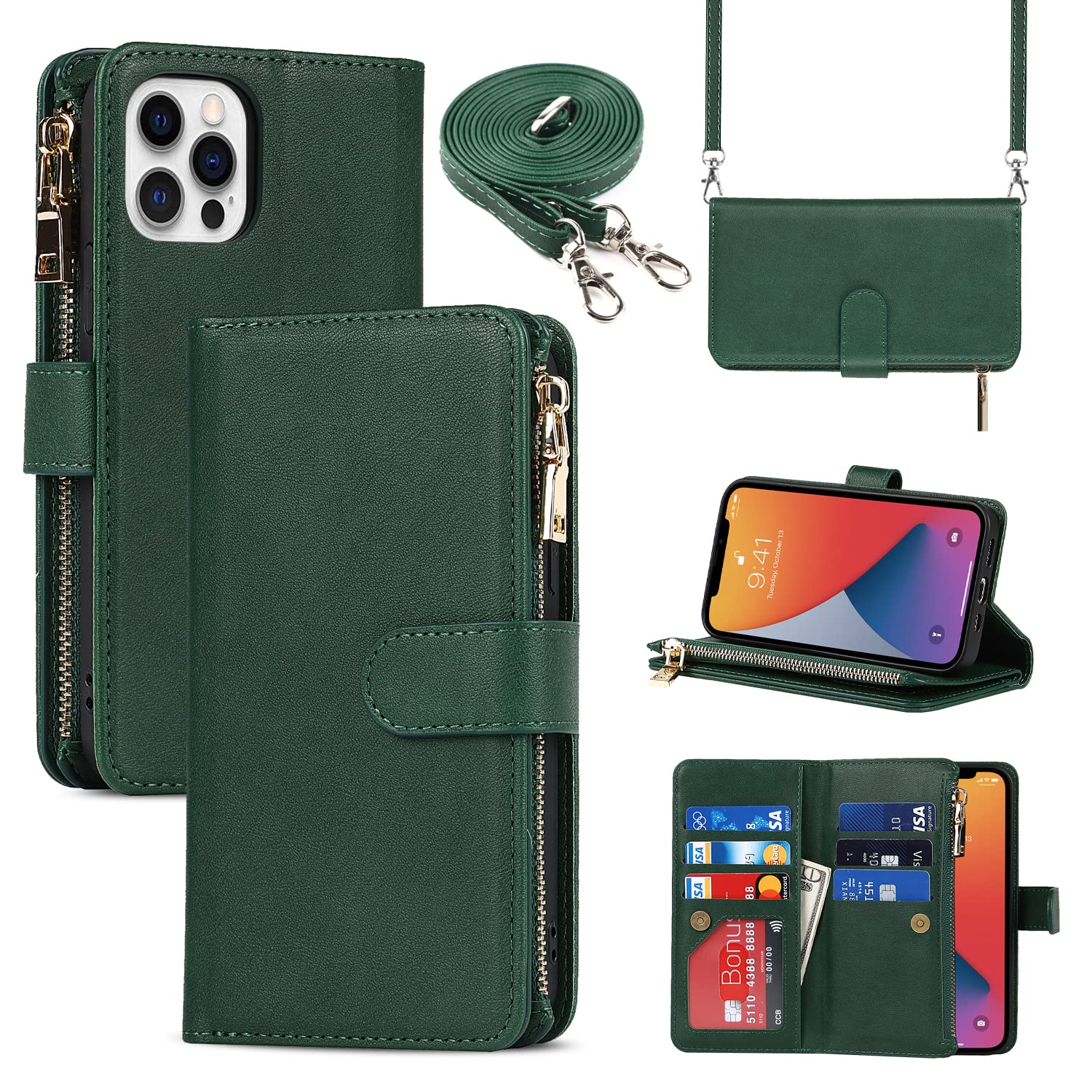 DOKALLCGS Zipper Wallet Leather Case Crossbody Case with Adjustable Necklace Strap Lanyard Cases