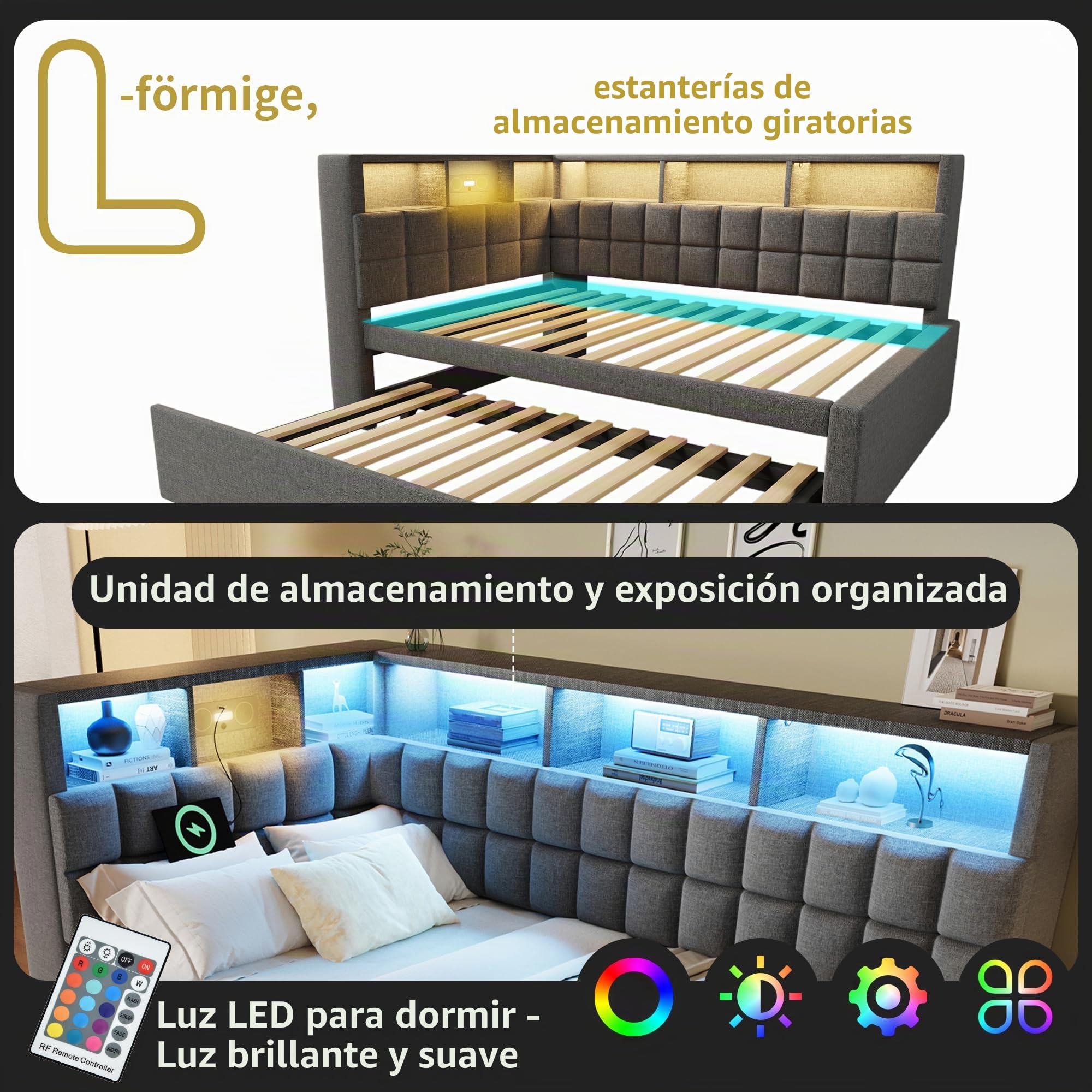 Cama tapizada de 90 x 200 cm, cama de día con cama nido, sofá cama con LED y puerto de carga USB y tipo C, altavoz Bluetooth, cabecero en L con estante de almacenamiento, lino, sin colchón (gris