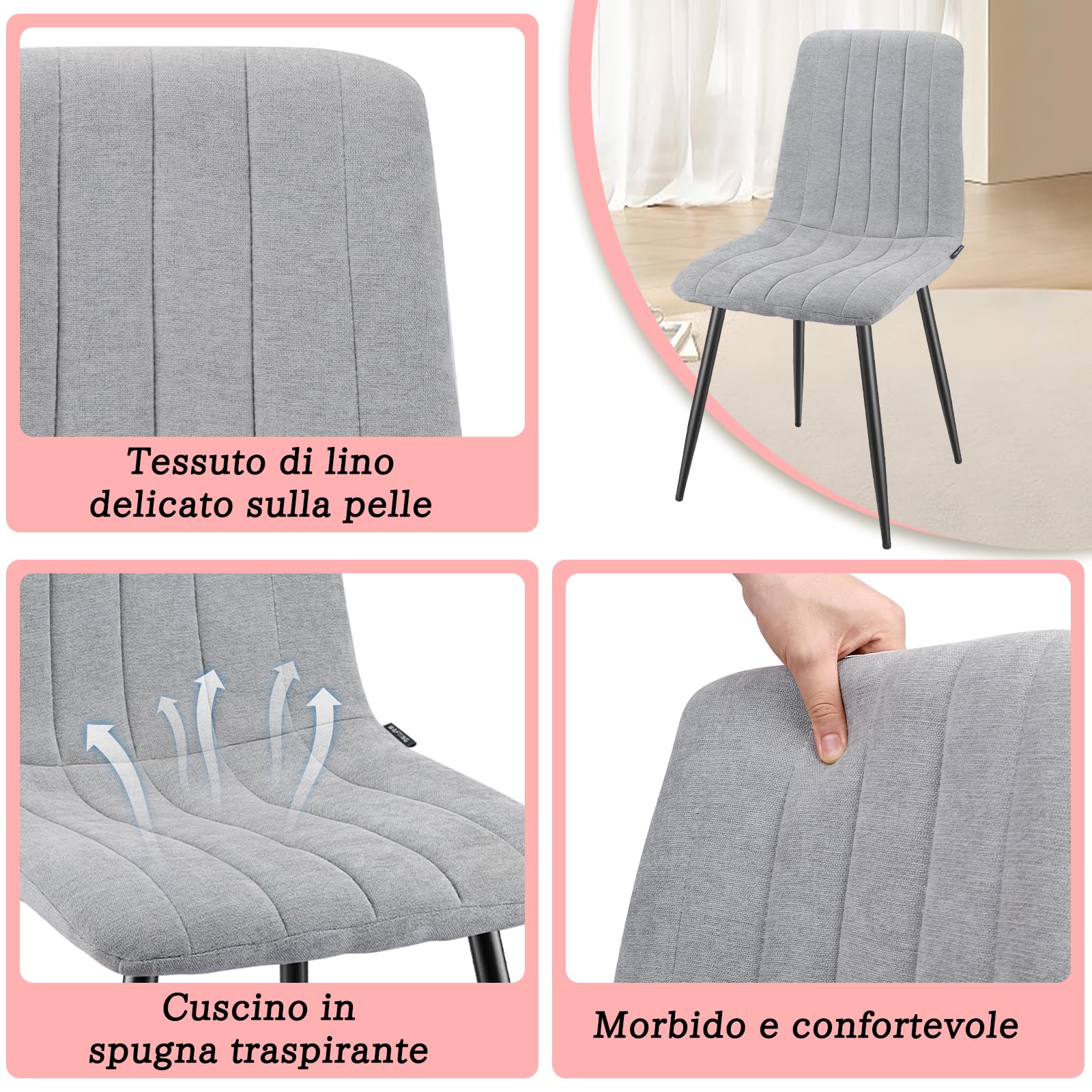 WAFTING Set di 4 Sedie da Pranzo, Sedie a Righe Imbottite con Schienale Alto con Pieds in Metallo, per Sala da Pranzo, Soggiorno, Cucina e Reception, Grigio
