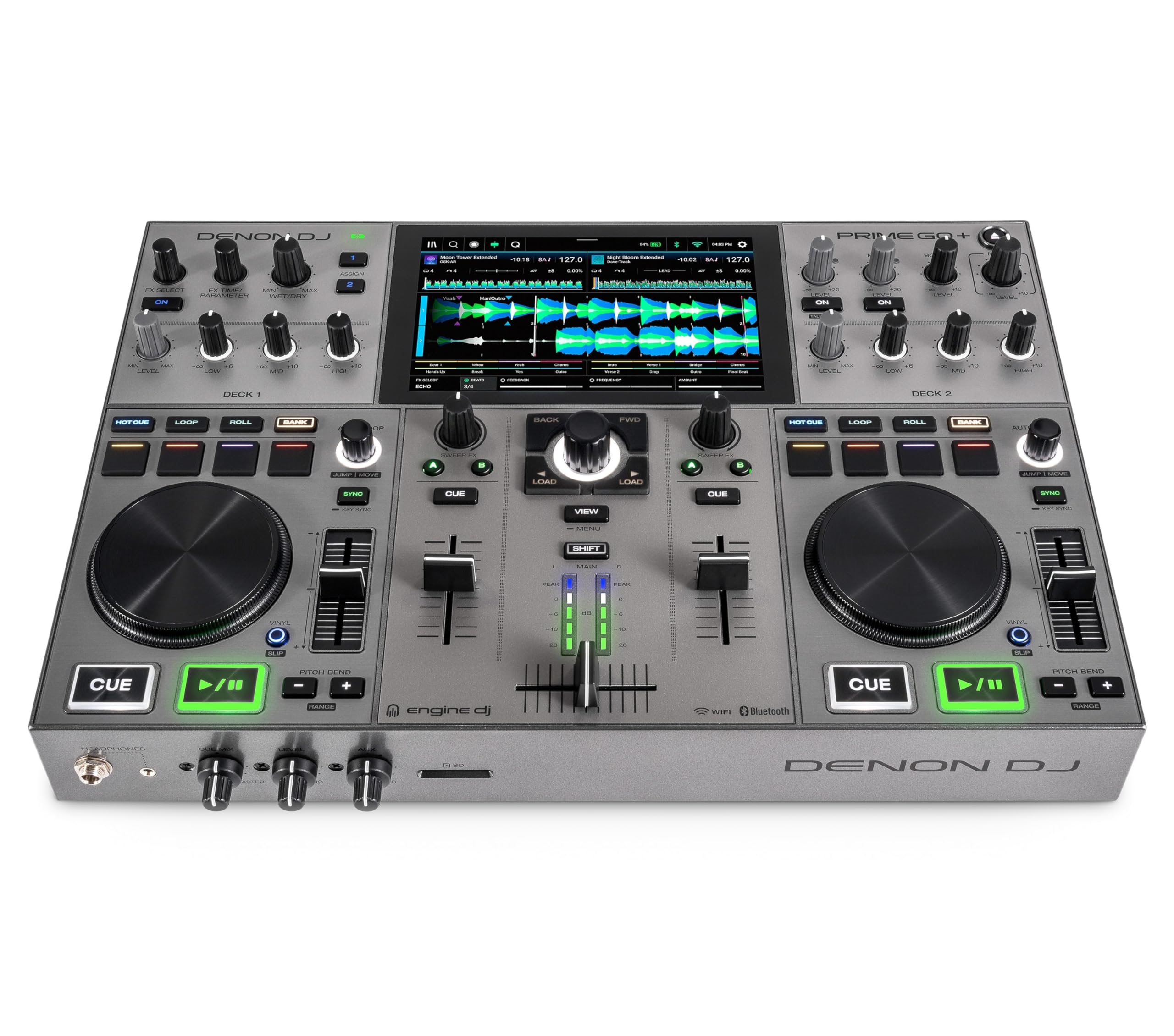 Denon DJ PRIME GO+ Portable DJ Controller and Mixer with Stem Separation, 2 Decks, Wi-Fi Streaming, Bluetooth, Lights Control, 7" Screen and Battery
