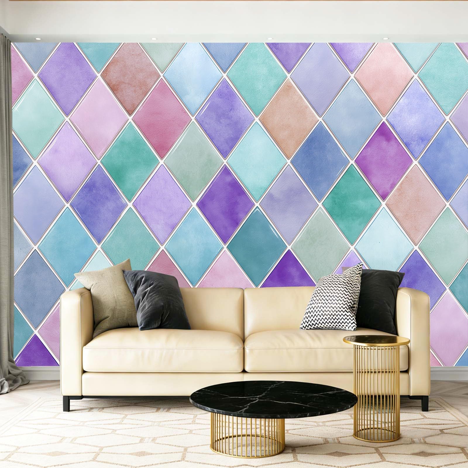 Tapeta z motywem 250 x 175 cm, geometryczna romb, patchwork, tapeta z motywem do pokoju dziecięcego i kącika do majsterkowania, kolor