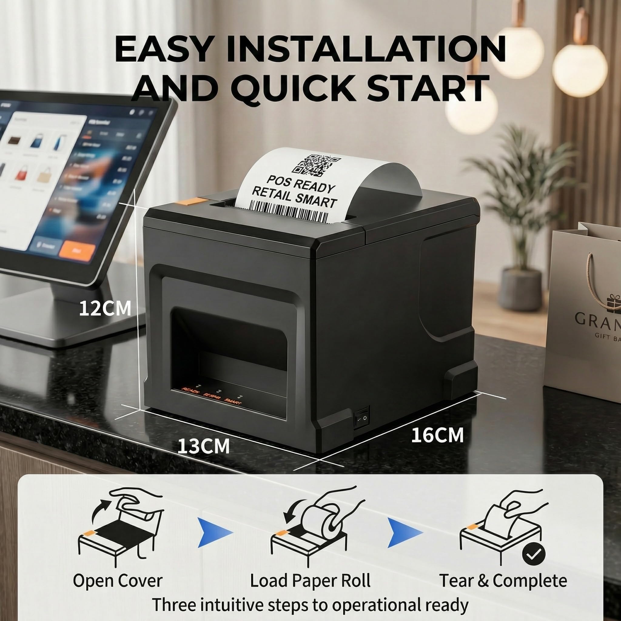 Stampante Termica per Scontrini POS 80mm con USB ed Ethernet, 300mm/s, Taglio Automatico e Interfaccia Cassetto Portasoldi, Compatibile Windows/Mac/Linux, per Ristorante, Negozi, Hotel