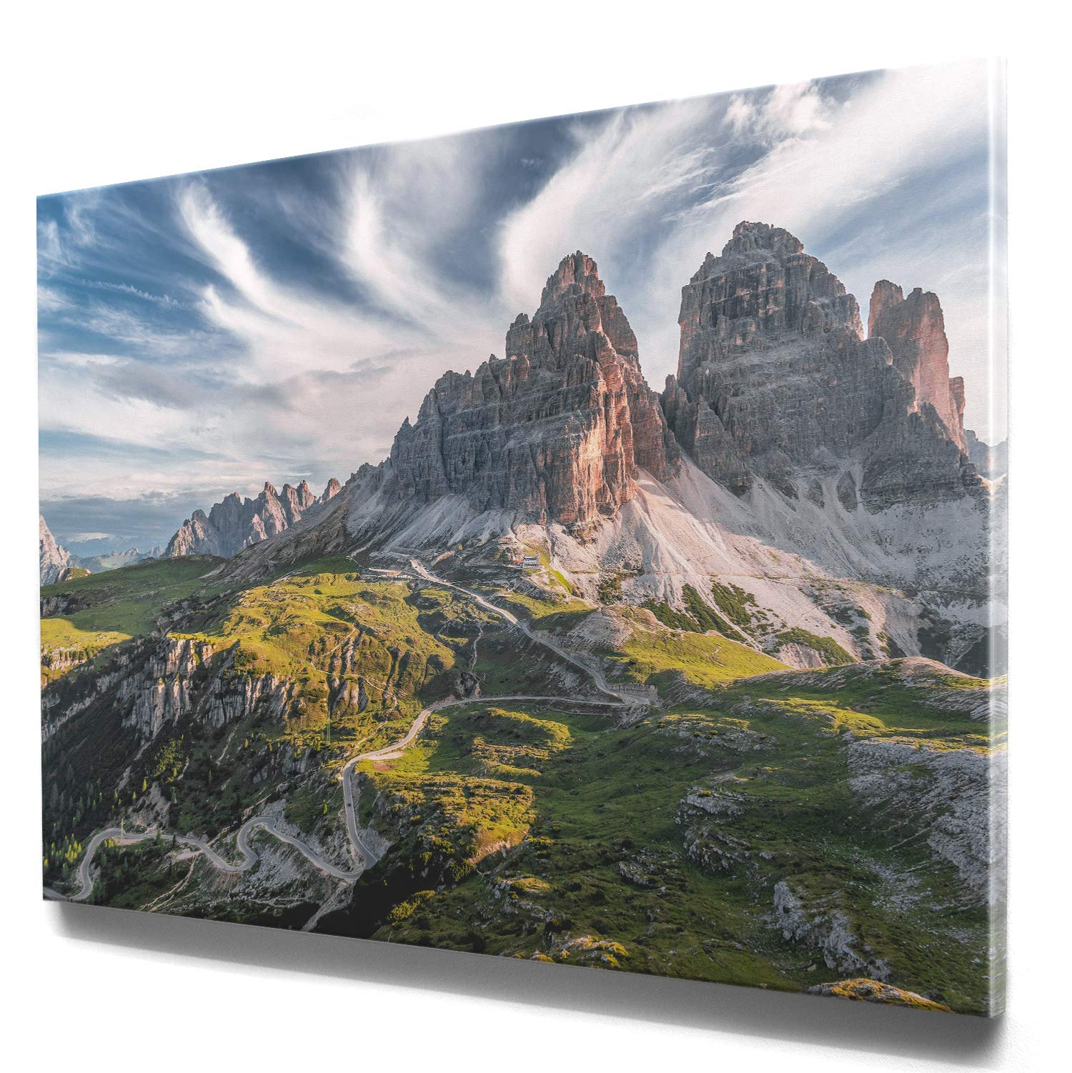 Atemberaubendes Berg Bild Dolomiten, 3 Zinnen Südtirol - als 90x60cm große XXL Leinwand. Wandbild als Hintergrund und Deko für Wohnzimmer & Schlafzimmer. Fertig aufgespannt auf 4cm Holz-Keilrahmen