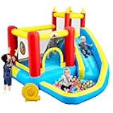 Inflatable Bounce House with Slide, Jumping Castle with Blower, Climbing Wall, Dartboard, Basketball Hoop and 50 Ball Pit Balls, 108x122x86 Inch