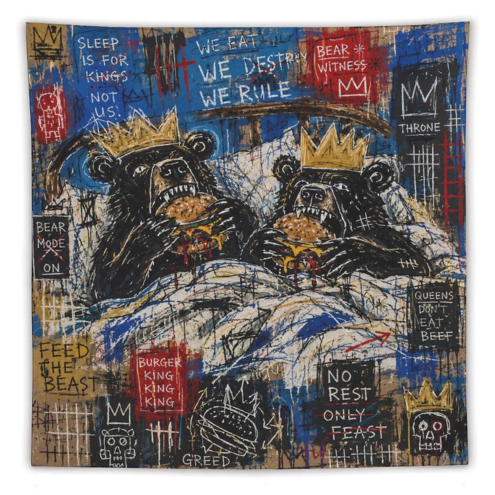 W7C8U2X3 Dog Pair in Bed Wall Tapestry, Realistic Illustration, Dorm Room