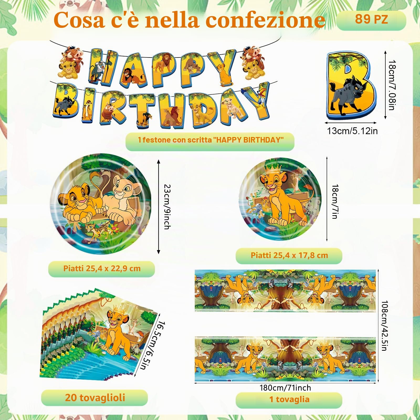 89 Pezzi Decorazione di Compleanno Leone, Piatti di Carta per Feste di Compleanno per Bambini Piatti Tovaglioli Palloncini Decorazione per 10 Persone