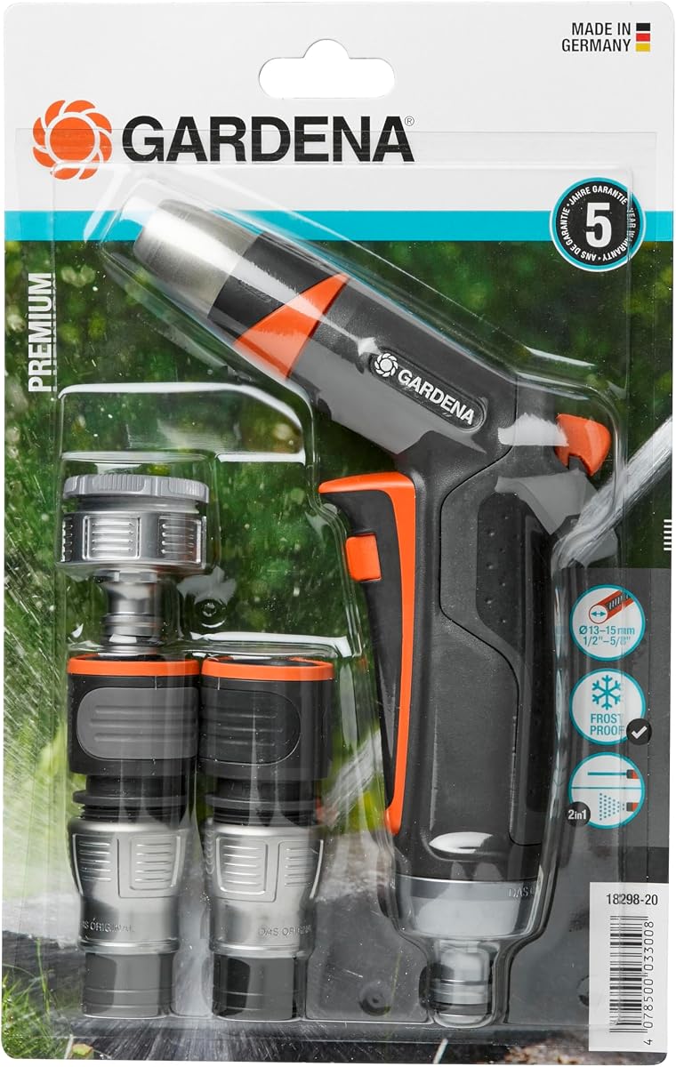 Gardena Premium basic equipment: connection set with cleaning syringe, with connection parts for 13 mm (1/2 inch) and 15 mm (5/8 inch) hoses (18298-20)