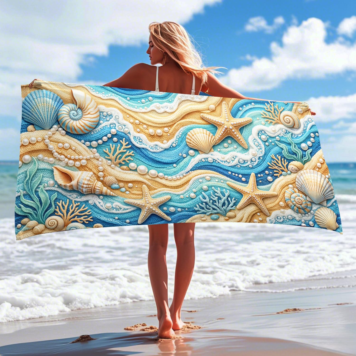 Ocean Waves Seashell Microfiber Beach Towel Blue Gold Coral Pattern Quick Dry Soft Sand Free Lightweight Blanket, Perfect for Vacation Pool Gym Outdoor Travel 35x70 Inch