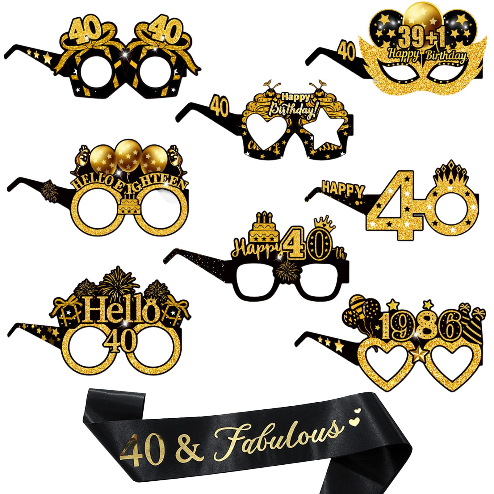 40th Birthday Party Glasses, 16PCS Party Eyeglasses+1 Sash Black, 40th Birthday Decorations Supplies Photo Booth Props for Men & Women