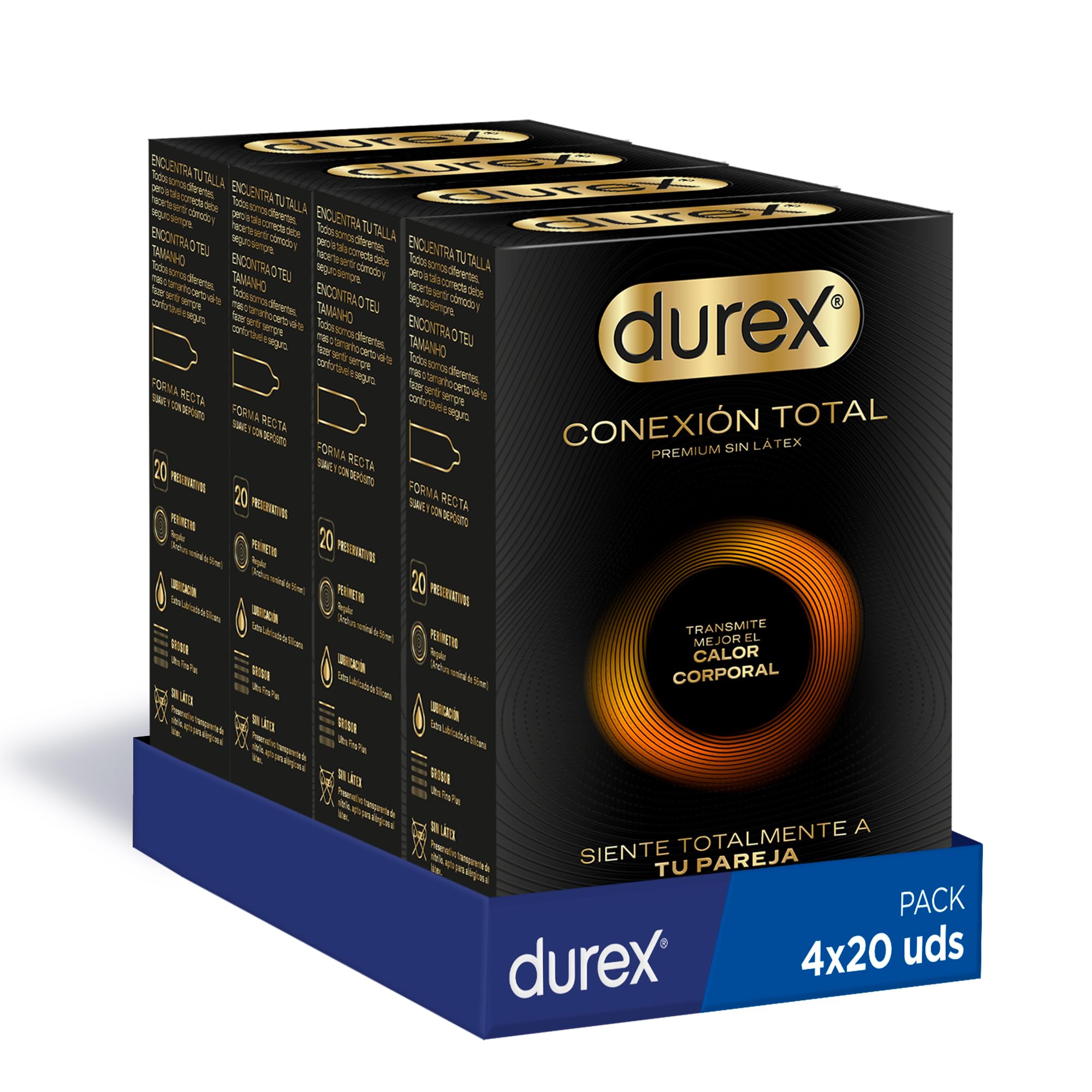 Durex Conexión Total Preservativo Ultra Fino Plus sin Látex con Tecnología Body Feel que Transmite Mejor el Calor Corporal, 80 Condones