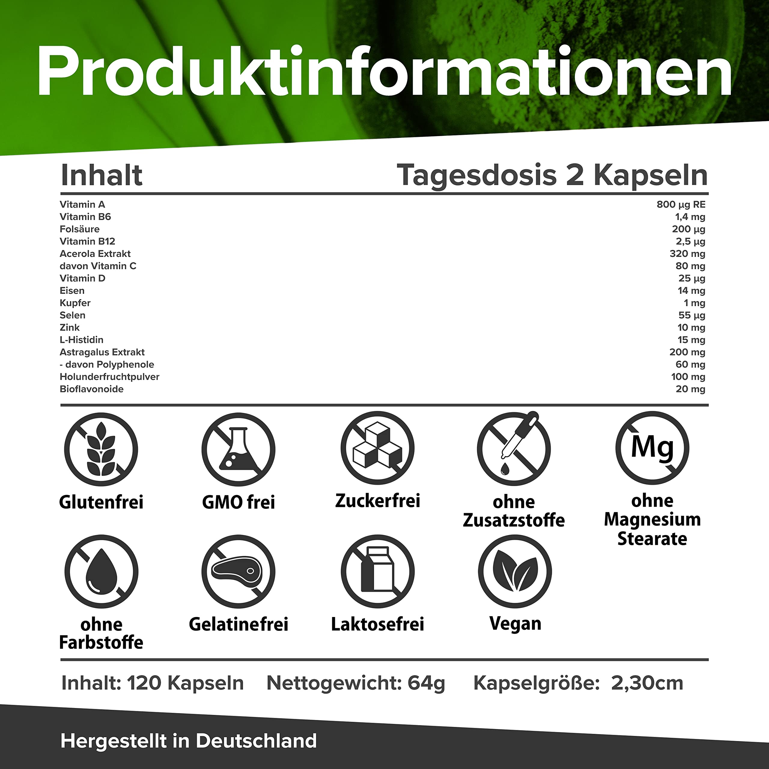 12 en 1 Immune Pro el Refuerzo Multivitamínico 120 cápsulas de alta dosis con vitaminas A, B6, B12, C, D, extractos vegetales de acerola y saúco, y los minerales hierro, cobre, selenio y zinc.