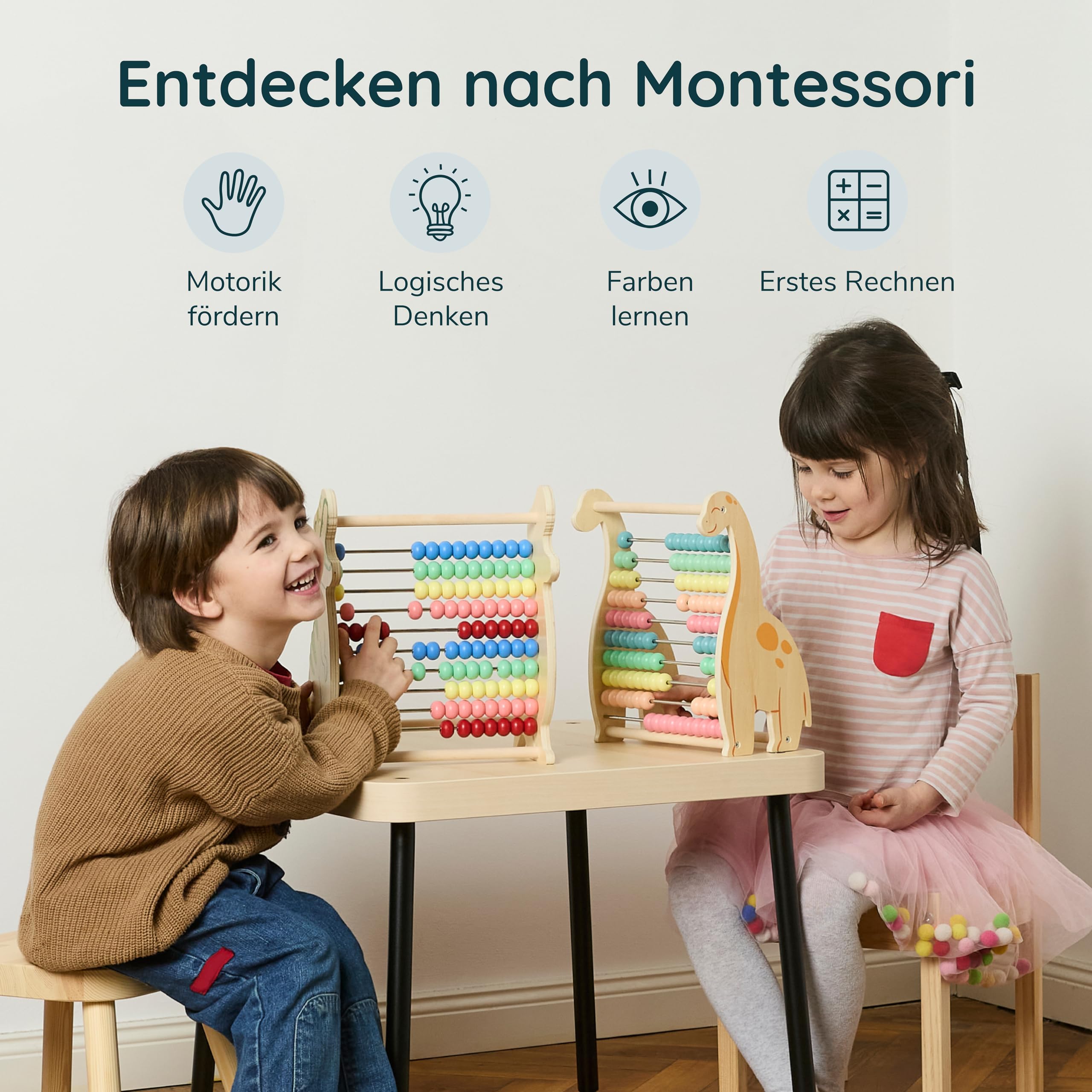 Twig & Leaf Rechenschieber für Kinder aus Holz, Dinosaurier Abakus Montessori Spielzeug zum Rechnen & Zählen Lernen, Zählrahmen 1. Klasse & Vorschule, Nachhaltiges Lernspielzeug aus Holz & Metall