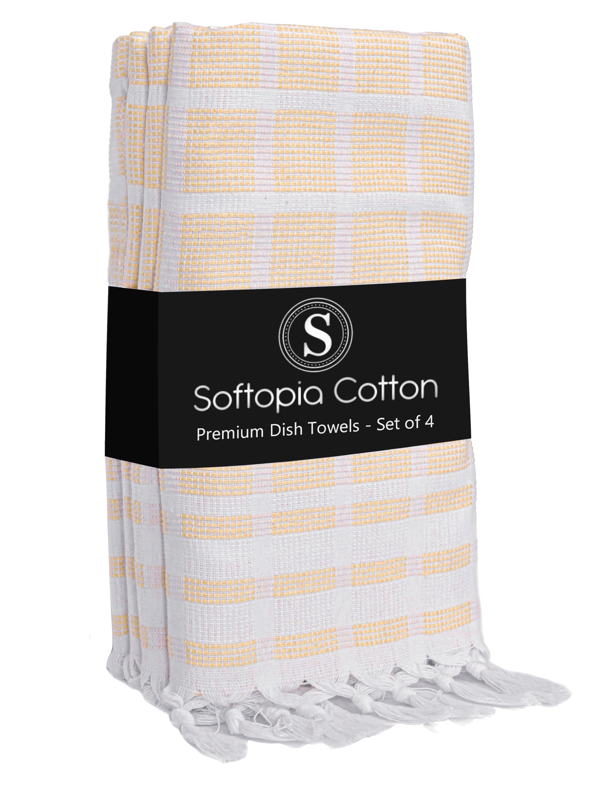 Matrix Dobby Kitchen Towels 4 Pack, 100% Cotton, 16x26 Inches, Absorbent Tea Towels with Handmade Tassels, Reusable Washable Cloths for Quick Drying and Cleaning - Pale Yellow, White