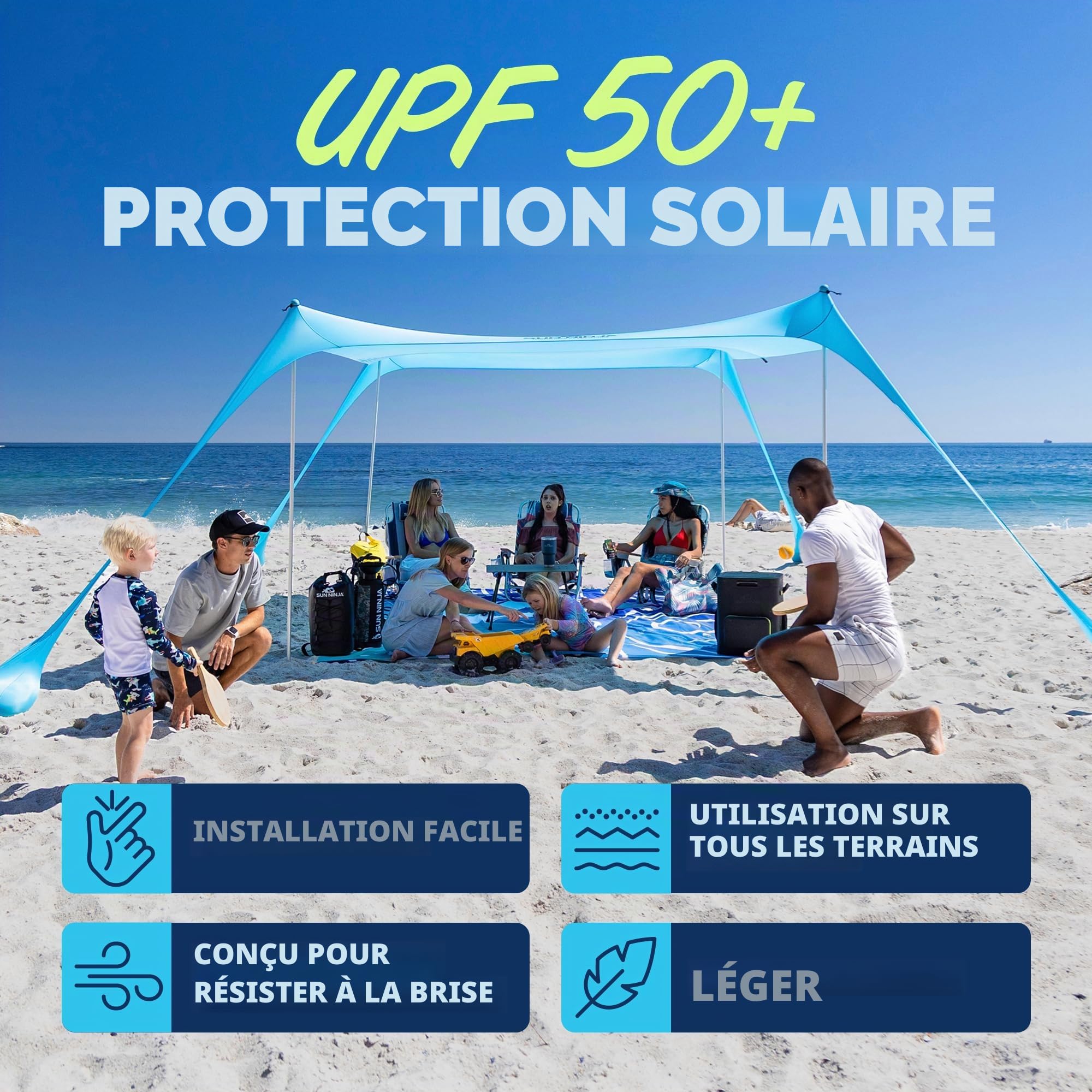 SUN NINJA Tente Pop Up de Plage - Tente de Plage Anti UV pour Bebe - Protection du Soleil pour Bébé Enfant Adulte - Plage Camping Pêche ou Randonnée - 215 x 230 cm - Marine